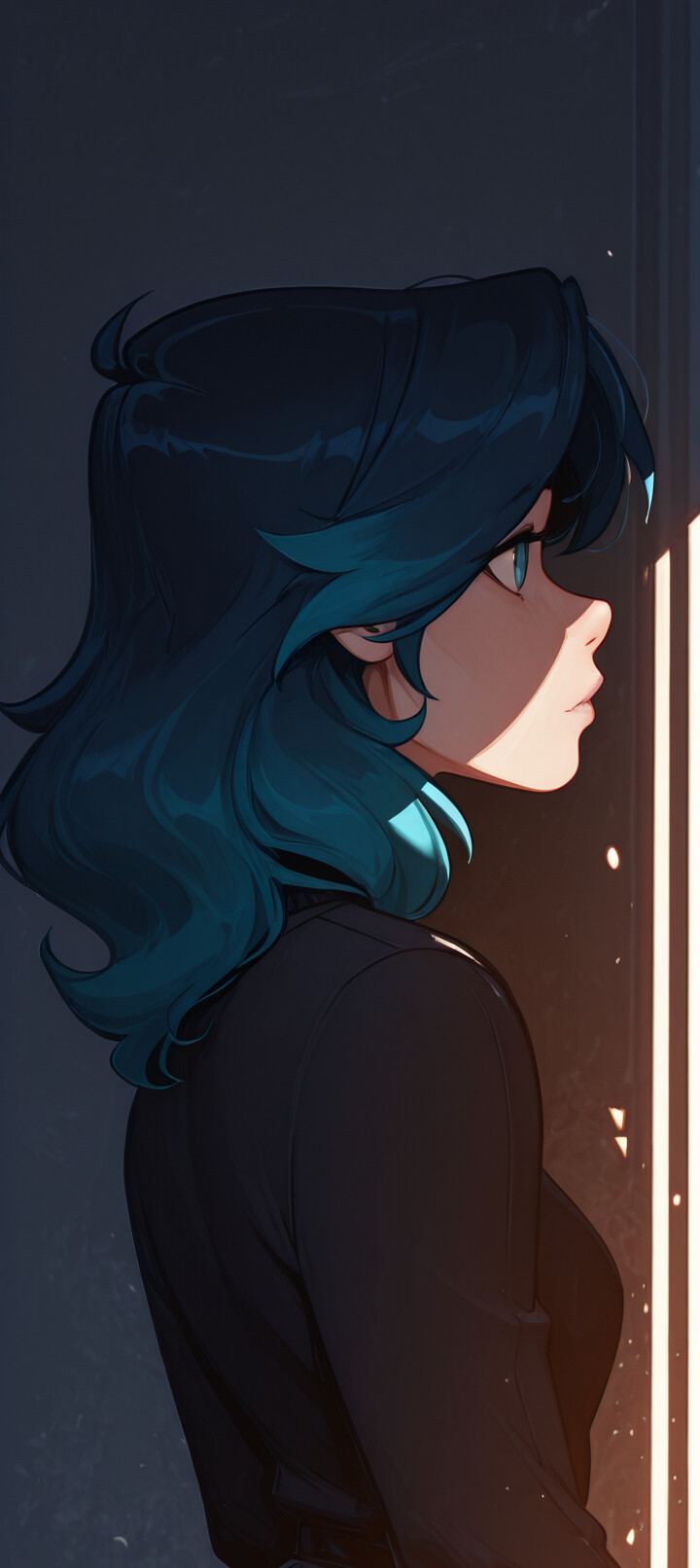 A digital illustration of a young woman named Rae with short blue hair, shown in profile. She is looking towards a bright light source, which creates a strong highlight on her face and hair against a dark background.