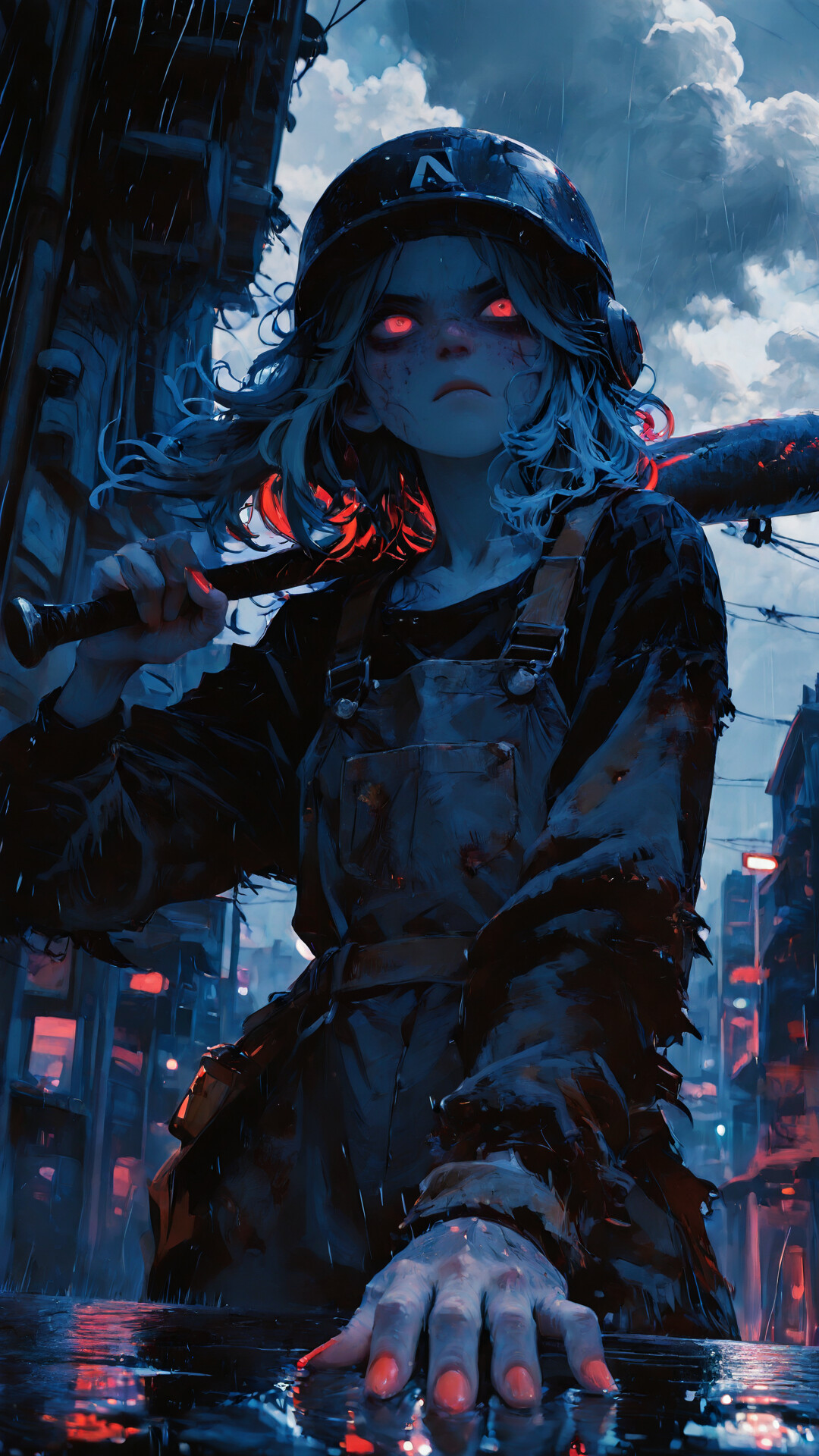 A digital illustration of a young woman with blue hair, glowing red eyes, and a helmet, holding a glowing baseball bat over her shoulder in a rainy, dark cityscape at night. She has an angry expression.