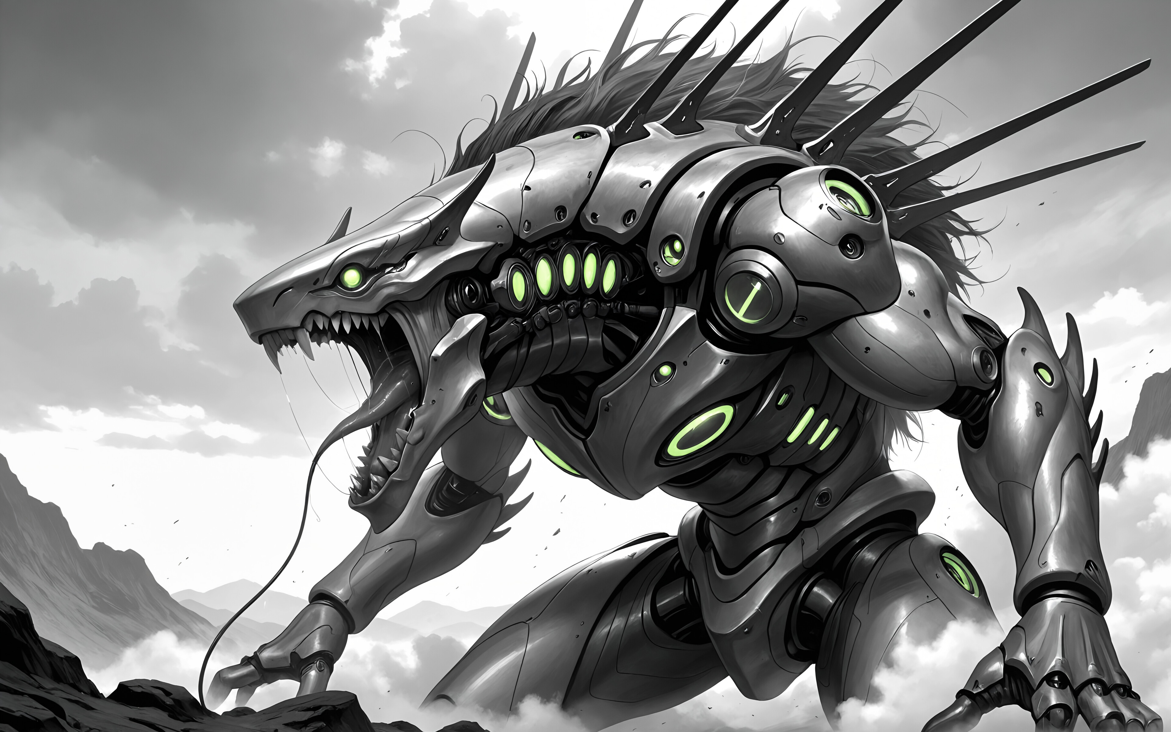 A black and white illustration of a gigantic, monstrous robot with demonic features. The mecha has large horns, multiple glowing green eyes, and is roaring with its mouth agape, revealing sharp teeth. It stands in a powerful pose amidst a cloudy, mountainous landscape.
