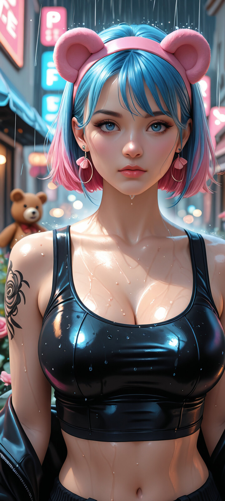 A beautiful young woman with blue and pink hair wearing a bear-ear headband holds a brown teddy bear while standing in the rain. She has a rose tattoo on her arm and is looking at the camera.