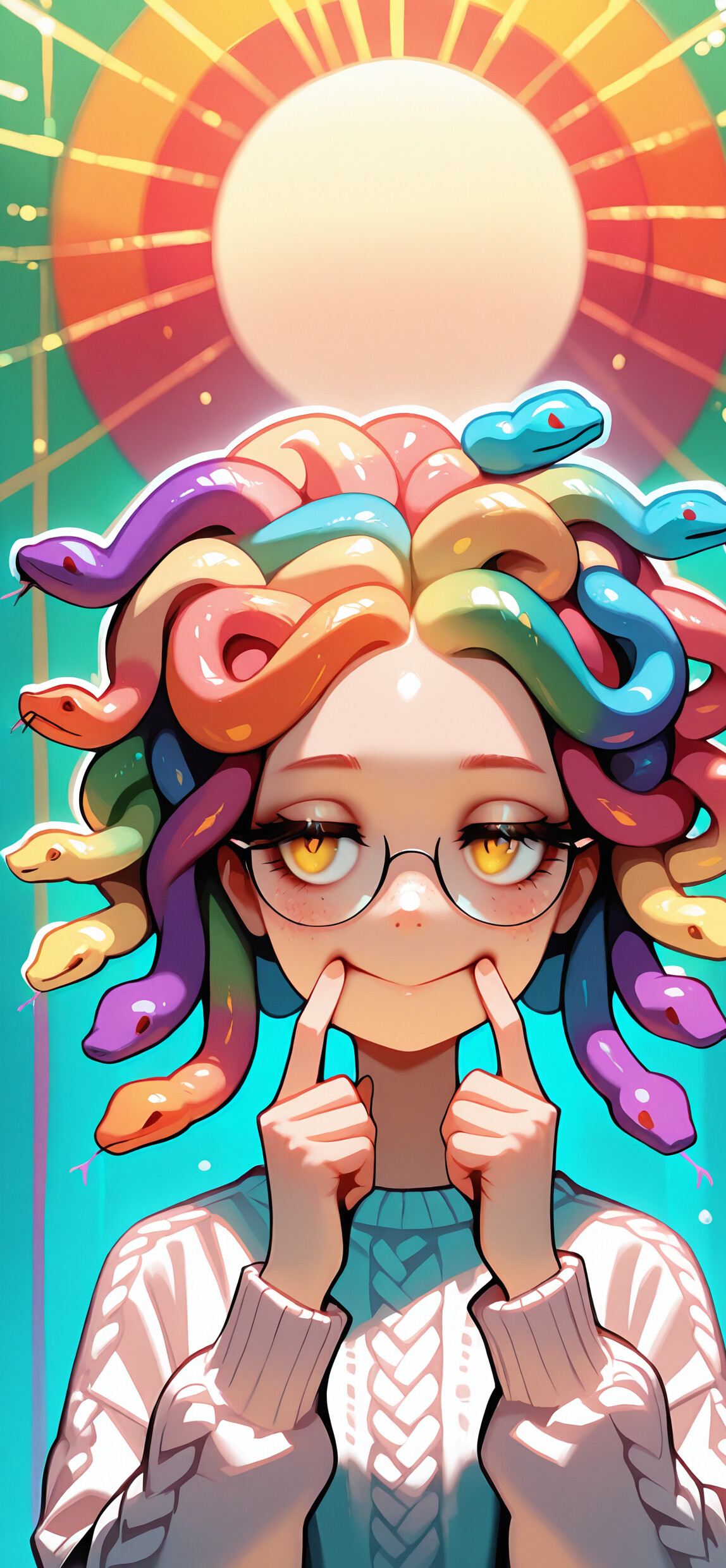 A cute anime-style girl with rainbow-colored snakes for hair and golden eyes, wearing glasses and a white sweater, making a forced smile with her fingers.