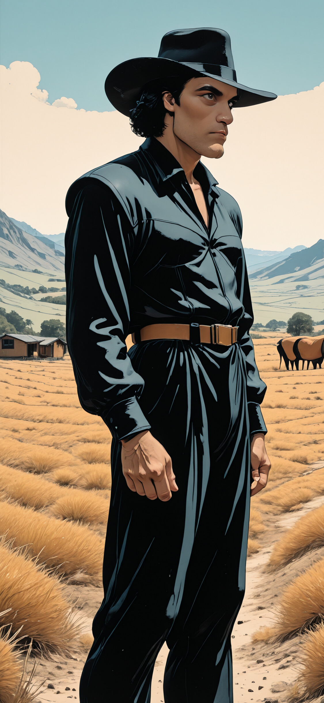 A full-body illustration of a tall man with dark curly hair and an intense stare, dressed in an all-black outfit with a wide-brimmed hat and gloves, standing in a barren, grassy landscape with mountains in the background.