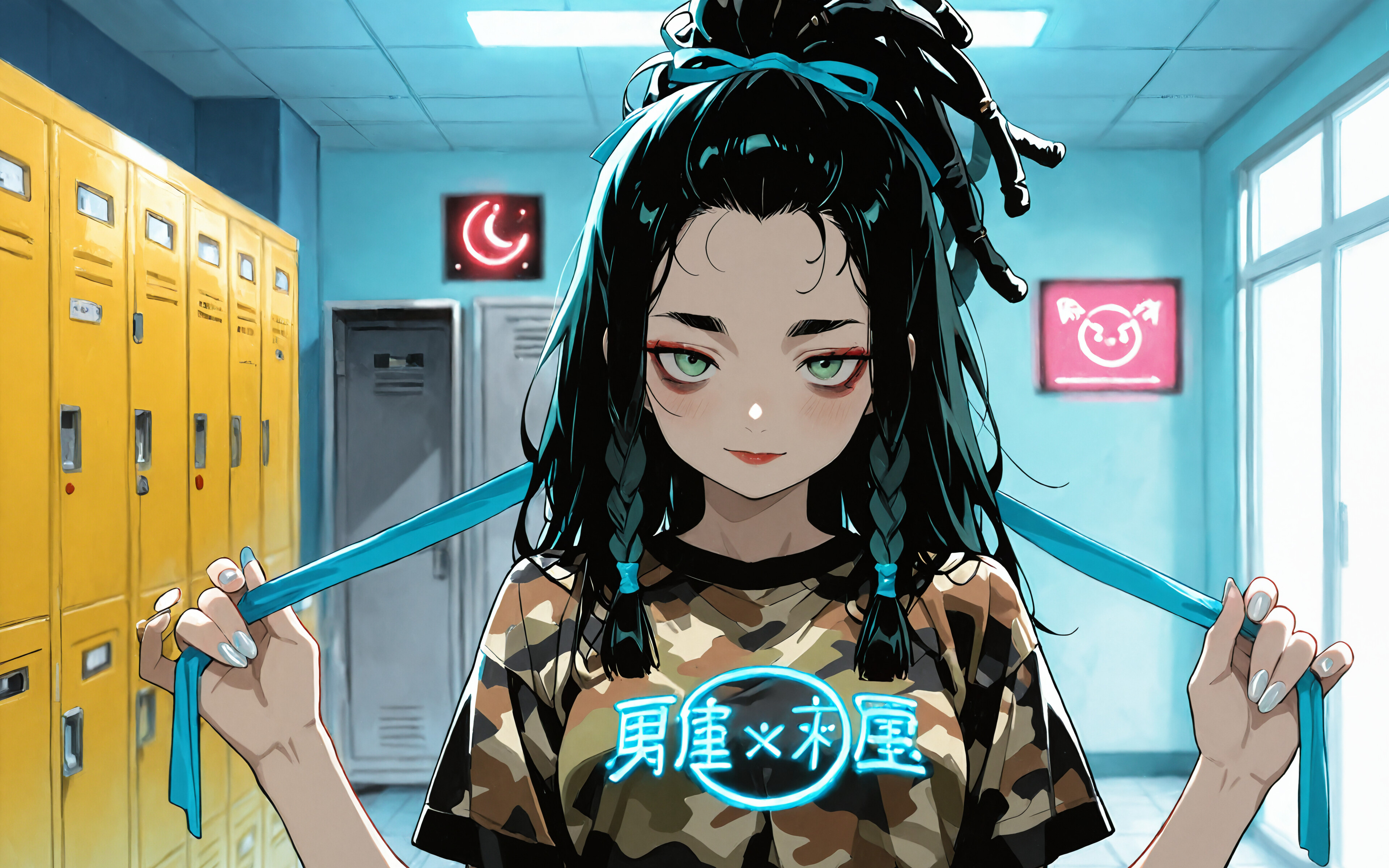 An anime illustration of a girl with black hair in a dreadlock topknot and braids, wearing a camouflage t-shirt with a neon pentagram, standing in a hallway with blue lockers.