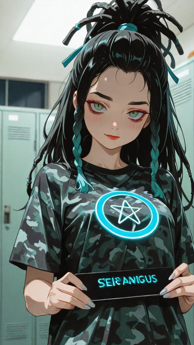 An anime illustration of a girl with black hair in a dreadlock topknot and braids, wearing a camouflage t-shirt with a neon pentagram, standing in a hallway with blue lockers.