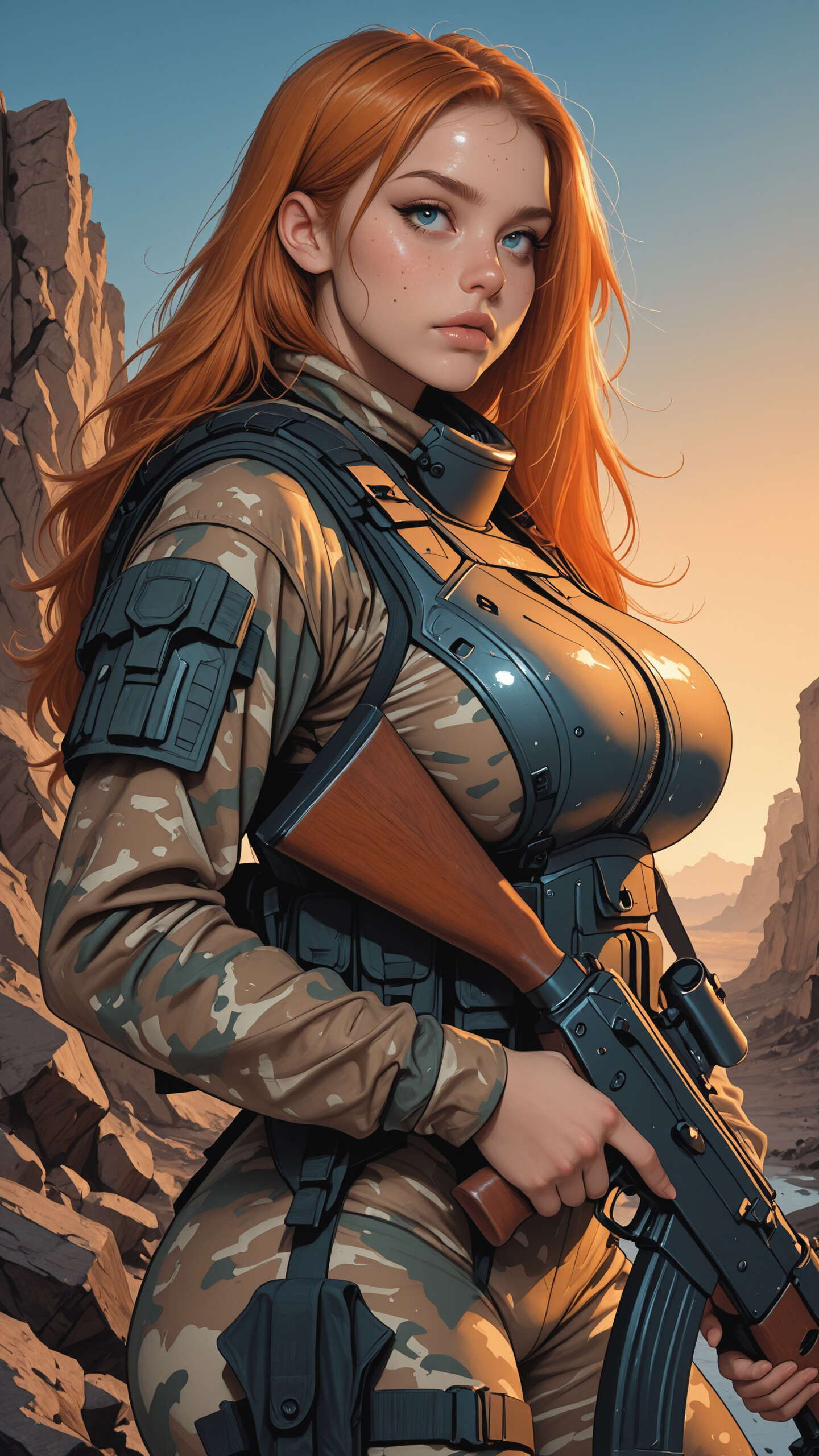 A digital art piece of a young female soldier with red hair and blue eyes, wearing camouflage armor and holding a rifle in a desert canyon at sunset.