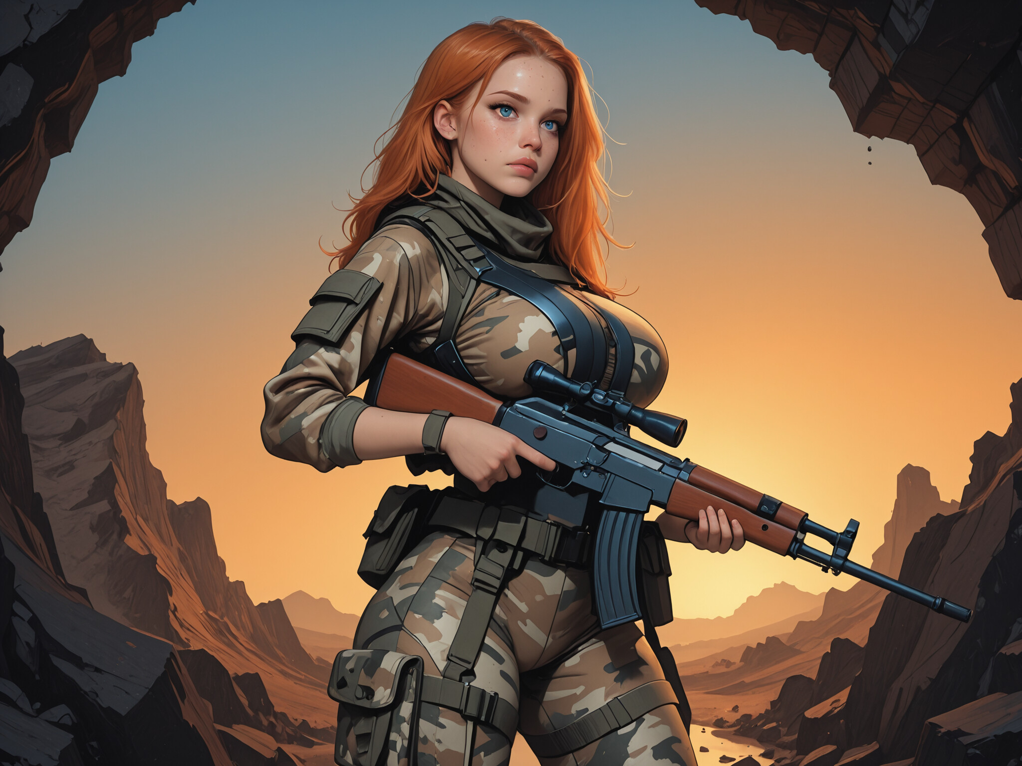 A digital art piece of a young female soldier with red hair and blue eyes, wearing camouflage armor and holding a rifle in a desert canyon at sunset.