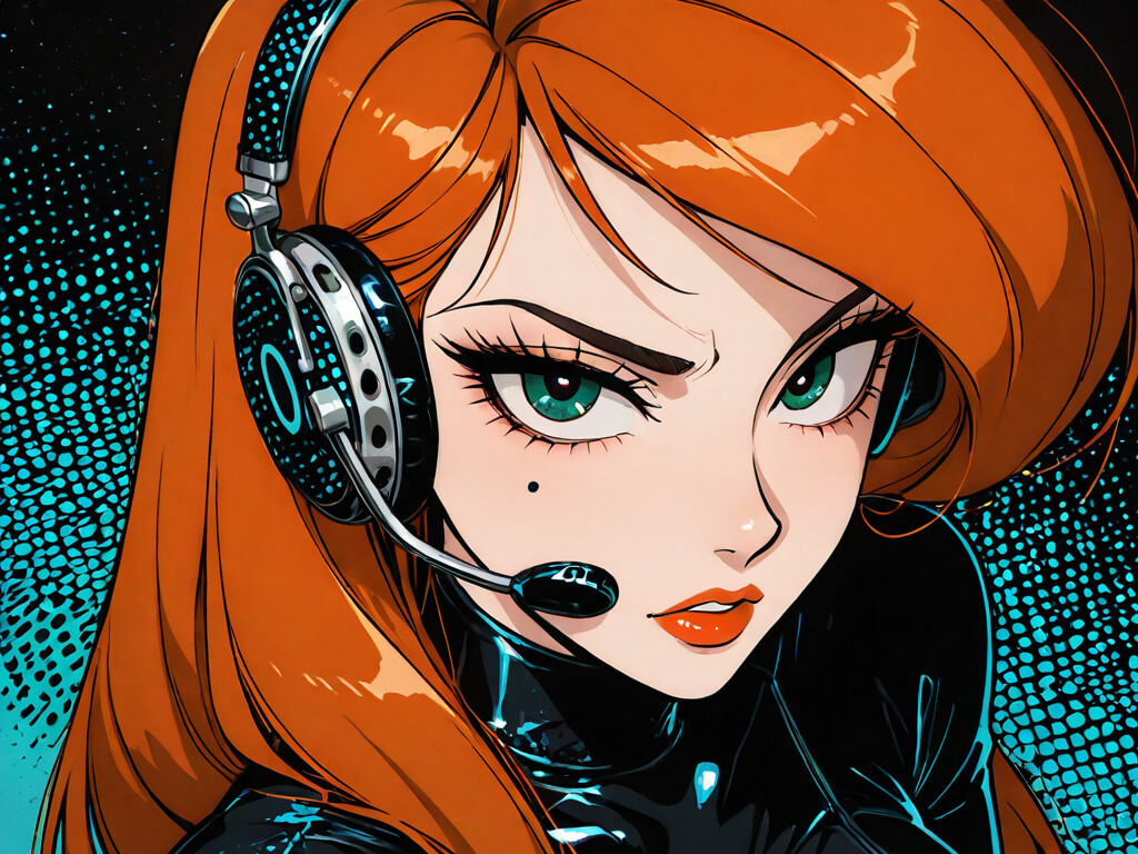 A high-angle, pop art style illustration of a woman with bright red hair, green eyes, and a focused expression. She is wearing a tight black spy suit and a headset, against a dark background with blue dots.