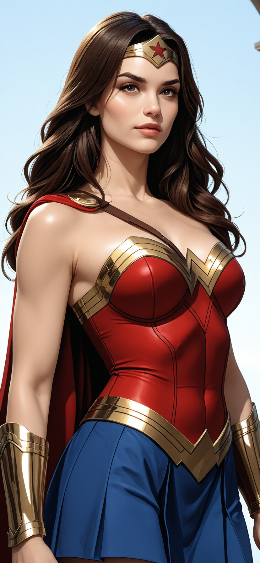 A semi-realistic digital illustration of Wonder Woman, a beautiful woman with long dark hair, wearing her iconic red, blue, and gold costume, posing in front of a classical column.