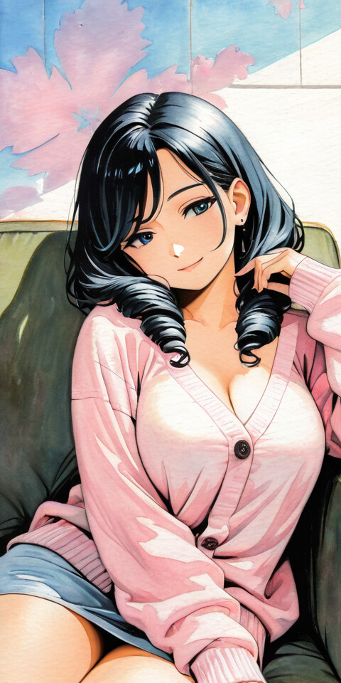 An illustration of a woman with short black hair and a pink cardigan sitting on a dark couch. She is smiling softly and tilting her head, with a sunlit window in the background.