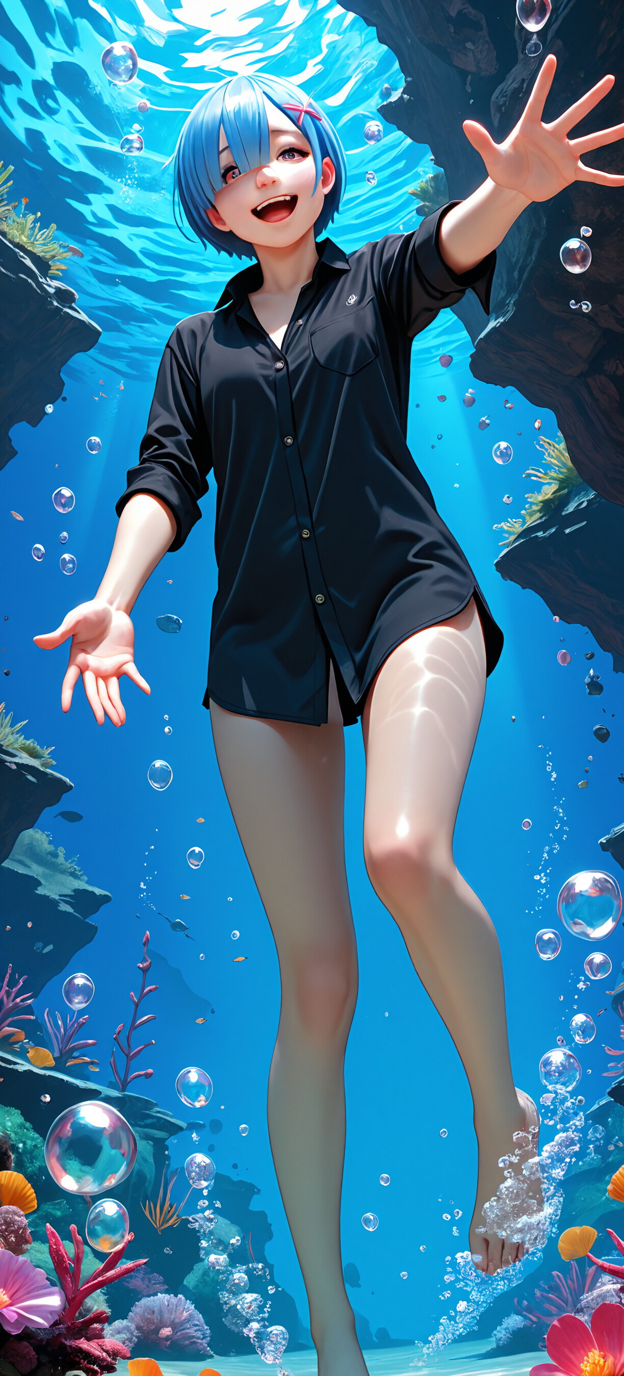 An anime illustration of Rem from Re:Zero underwater. She has short blue hair, a pink hair clip, and is wearing a black collared shirt. She is smiling happily and reaching one hand towards the viewer in a selfie-style pose.
