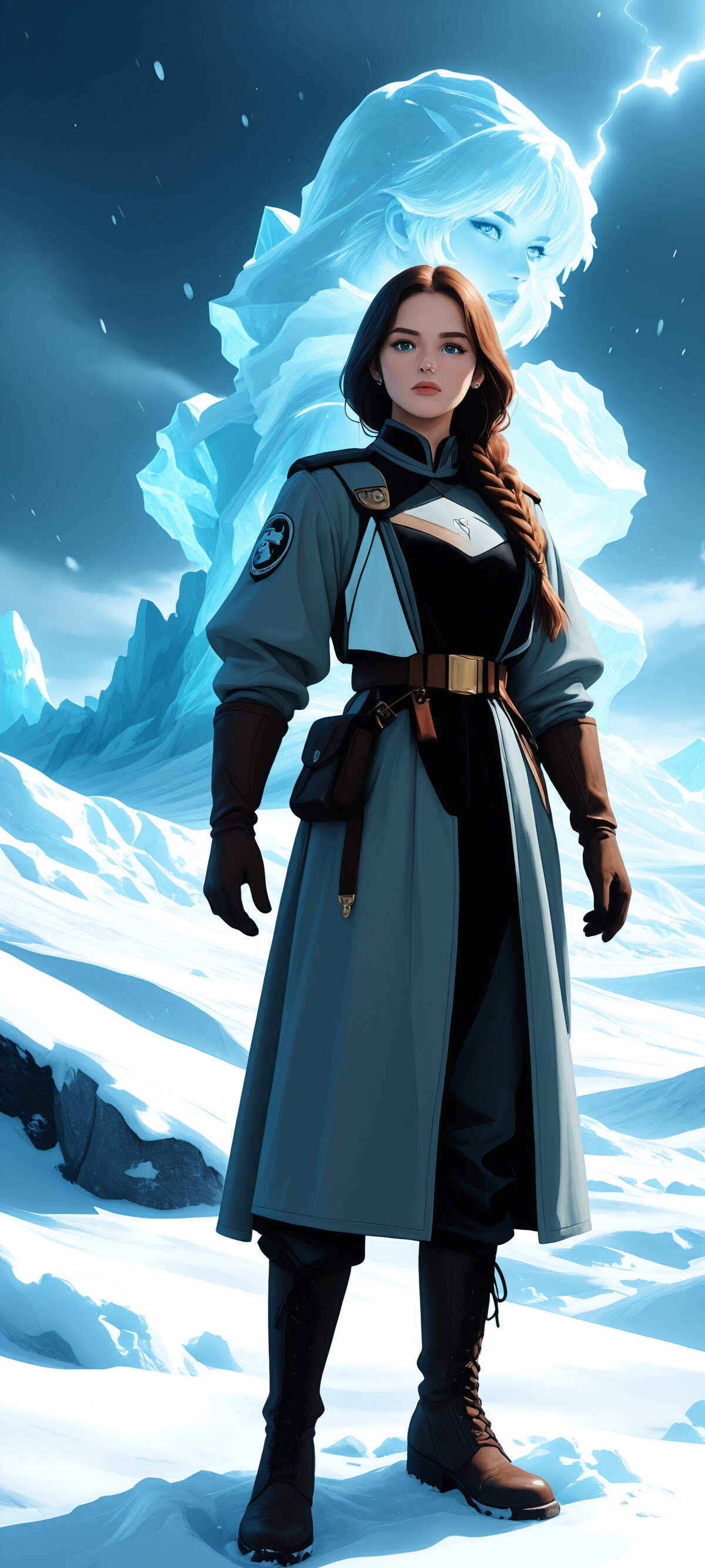 A full-body illustration of a young woman with long brown hair, wearing a light blue tunic, brown gloves, and a belt, standing in a snowy, arctic landscape with large ice formations in the background.
