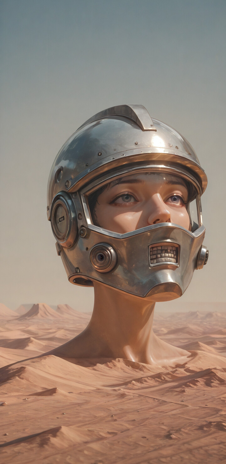 A close-up portrait of a young person with light skin and blue eyes wearing a complex, retro-style silver and red space helmet in a vast, red desert. The helmet's clear blue visor reflects three men in old-fashioned suits.
