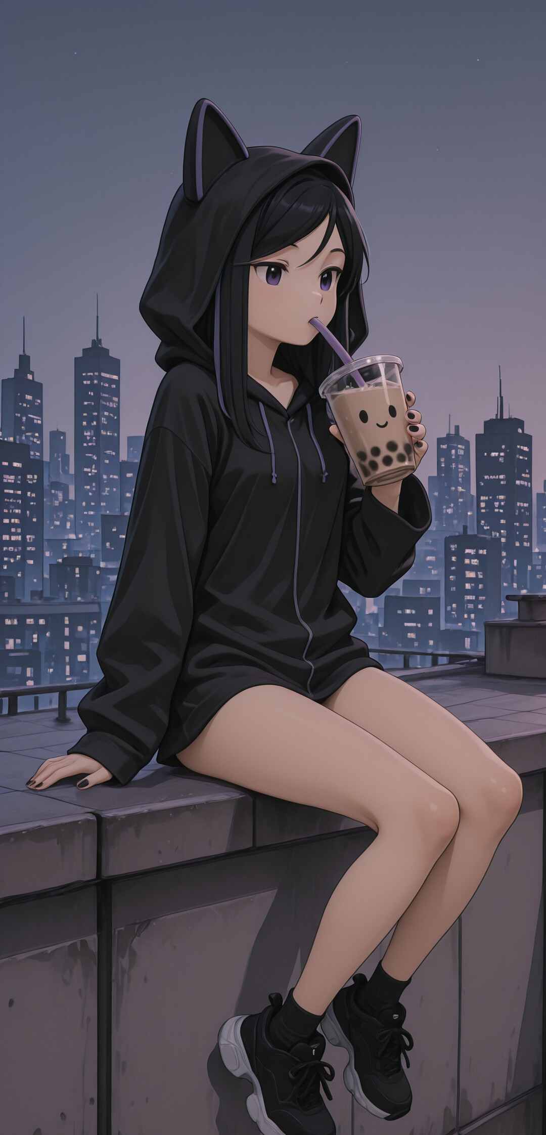 An anime-style girl with black and purple hair, wearing a black cat-ear hoodie, sits on a rooftop at night, drinking bubble tea and looking out over a city skyline.