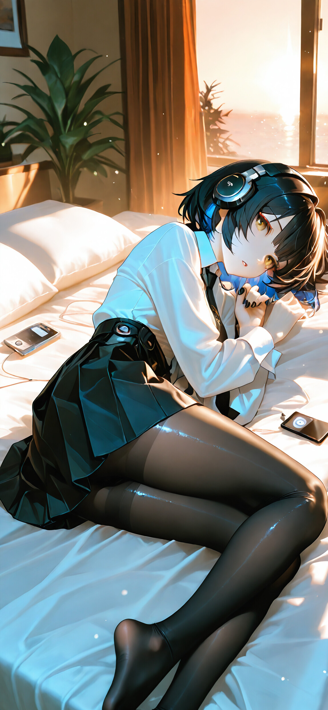 Rover from Wuthering Waves, a young woman with short black and blue hair, lies on her side on a bed in a sunlit room, listening to music on headphones and looking directly at the viewer.