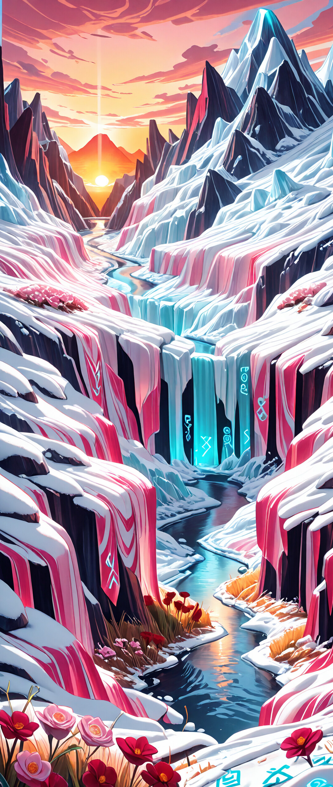 An anime-style illustration of a mystical woman with dark skin, glowing cyan runes, and long white hair, emerging from a frozen river in a snowy mountain valley at sunset. The scene is framed by a cave, and vibrant flowers grow in the snow in the foreground.