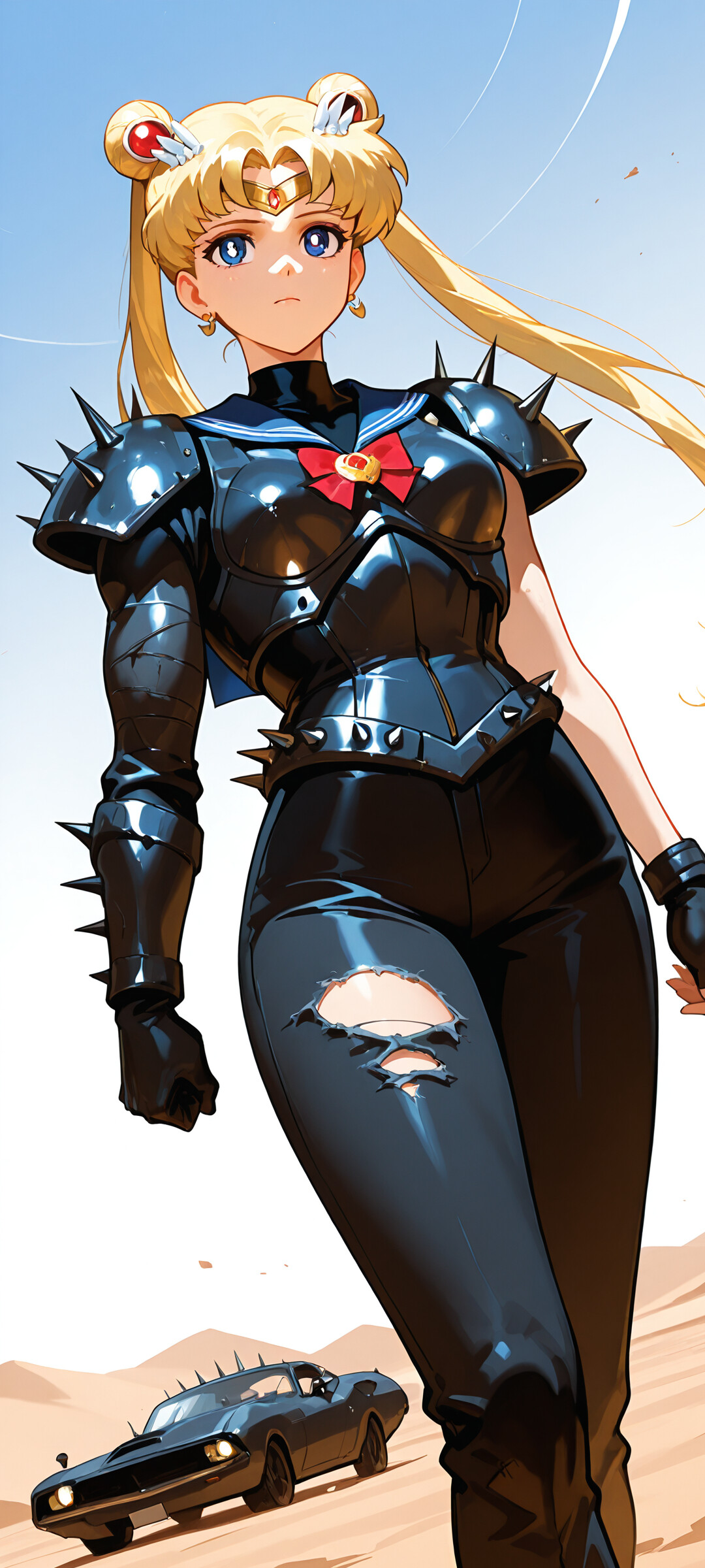 An illustration of Sailor Moon as a post-apocalyptic warrior, wearing spiky black leather armor and a sailor collar, standing in a desert with a black muscle car in the background.