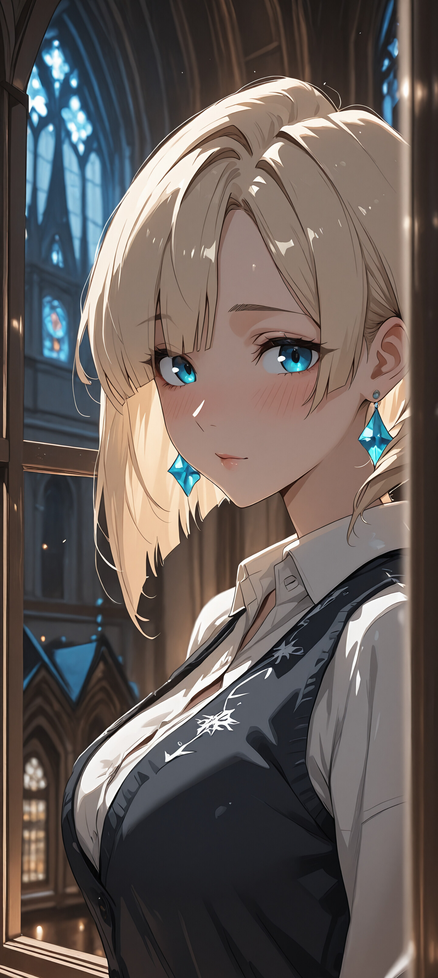An anime-style illustration of a young woman with a blonde bob cut and bright blue eyes, wearing a white shirt, black vest, and blue diamond earrings, standing in a dimly lit gothic church at night.