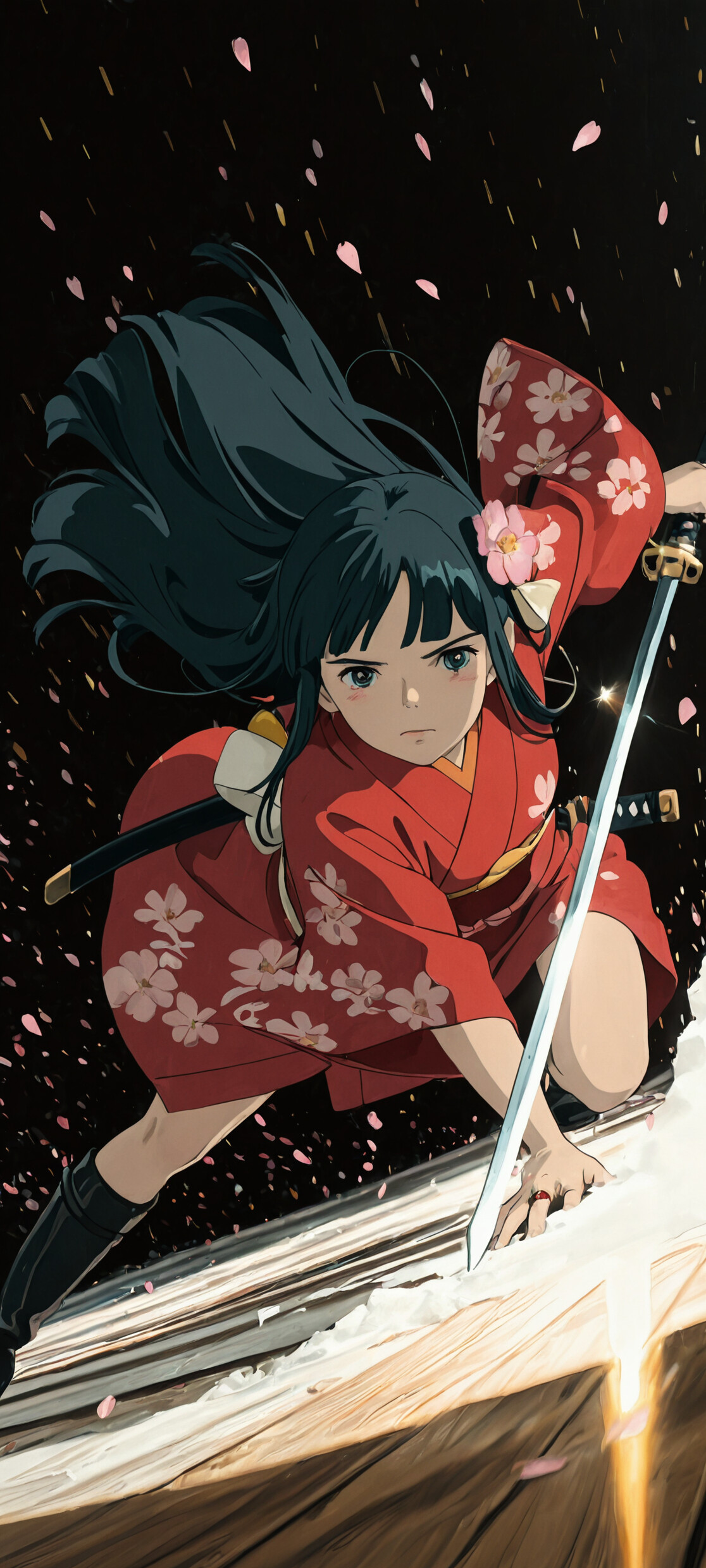 Sawa Yukimura from the anime Joran: The Princess of Snow and Blood, crouching in a fighting pose with her katana drawn, as pink petals fall around her against a dark background.