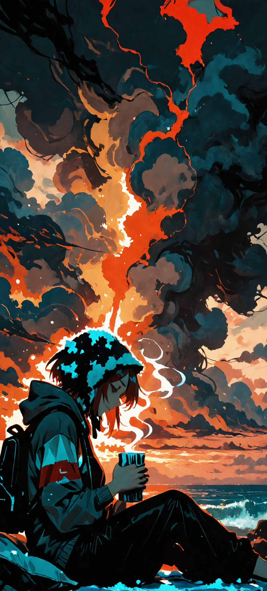 An illustration of Alina Seo from the game Signalis, a young woman with short red hair, camping on a beach at sunset. She is wearing a dark grey hoodie and sits by her tent, holding a steaming mug and looking peacefully towards the ocean.