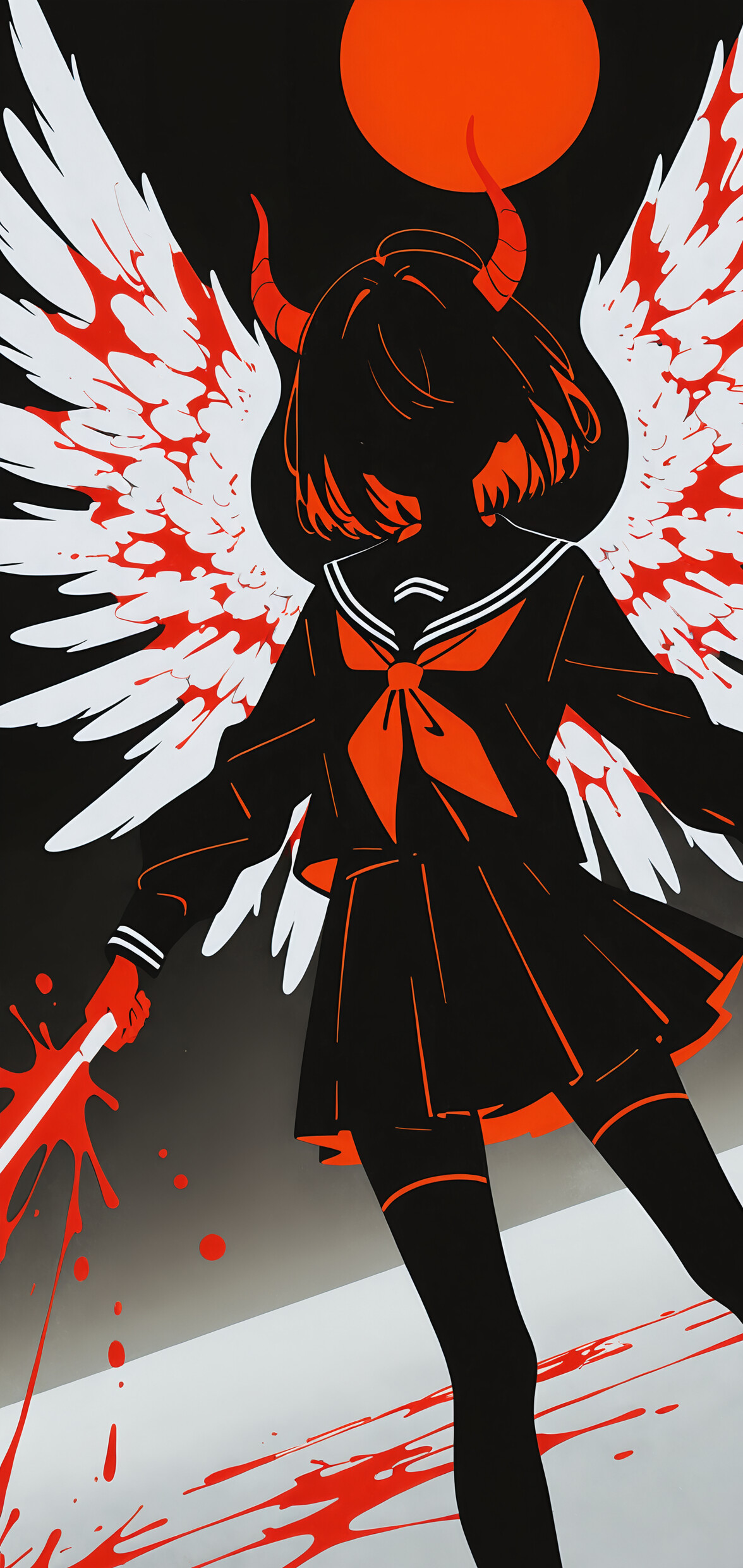 A minimalist, high-contrast illustration of a character with large white angel wings, a halo, and demon horns. The figure is in a school uniform against a dark background with a prominent red blood splatter.