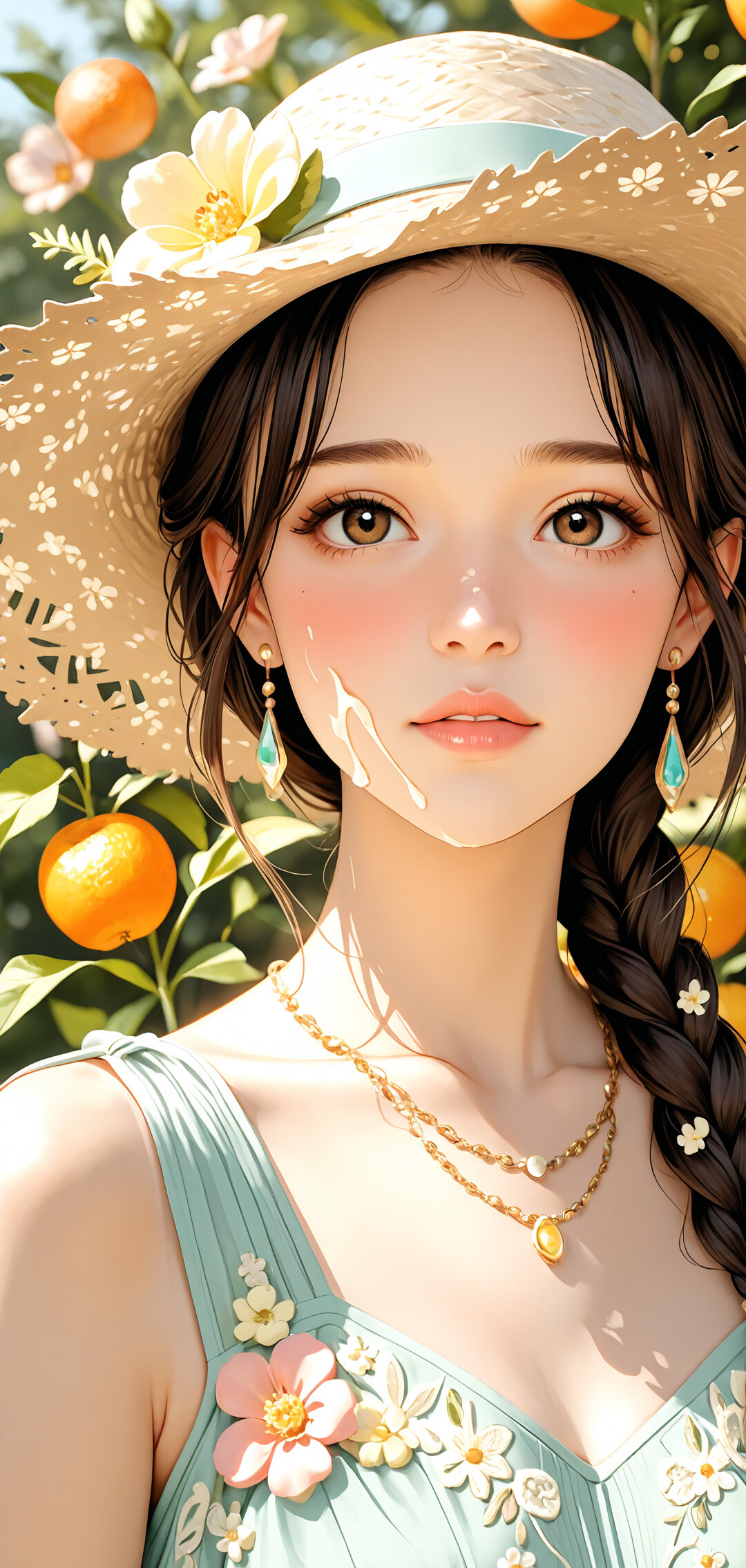 A digital portrait of a young woman with brown braided hair and a floral straw hat, standing in an orange grove. She has large brown eyes, flower earrings, and is looking at the camera with a gentle expression.
