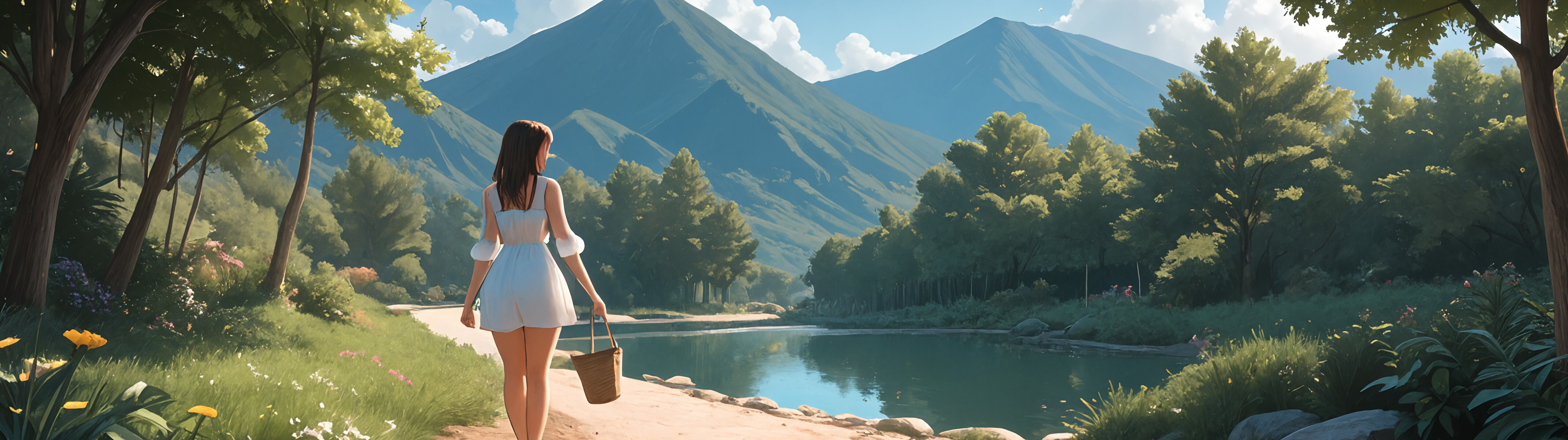 A young woman with long brown hair in a light blue lace bikini, sitting on a stone patio surrounded by potted plants and flowers in a sunny garden.