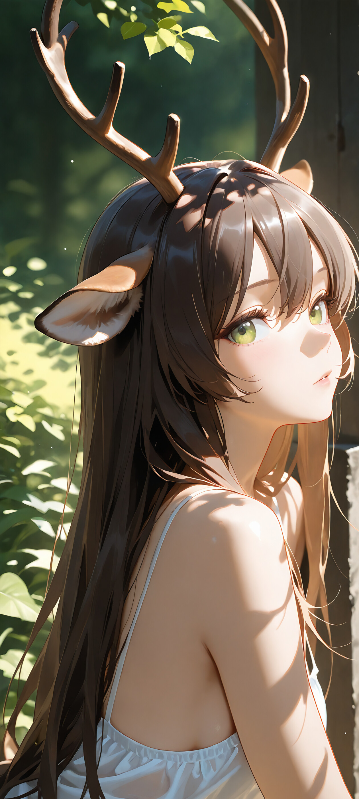 An anime-style girl with long dark hair, green eyes, deer antlers, and deer ears, wearing a white top. She is looking to the side, bathed in dappled sunlight against a wall with green leaves.