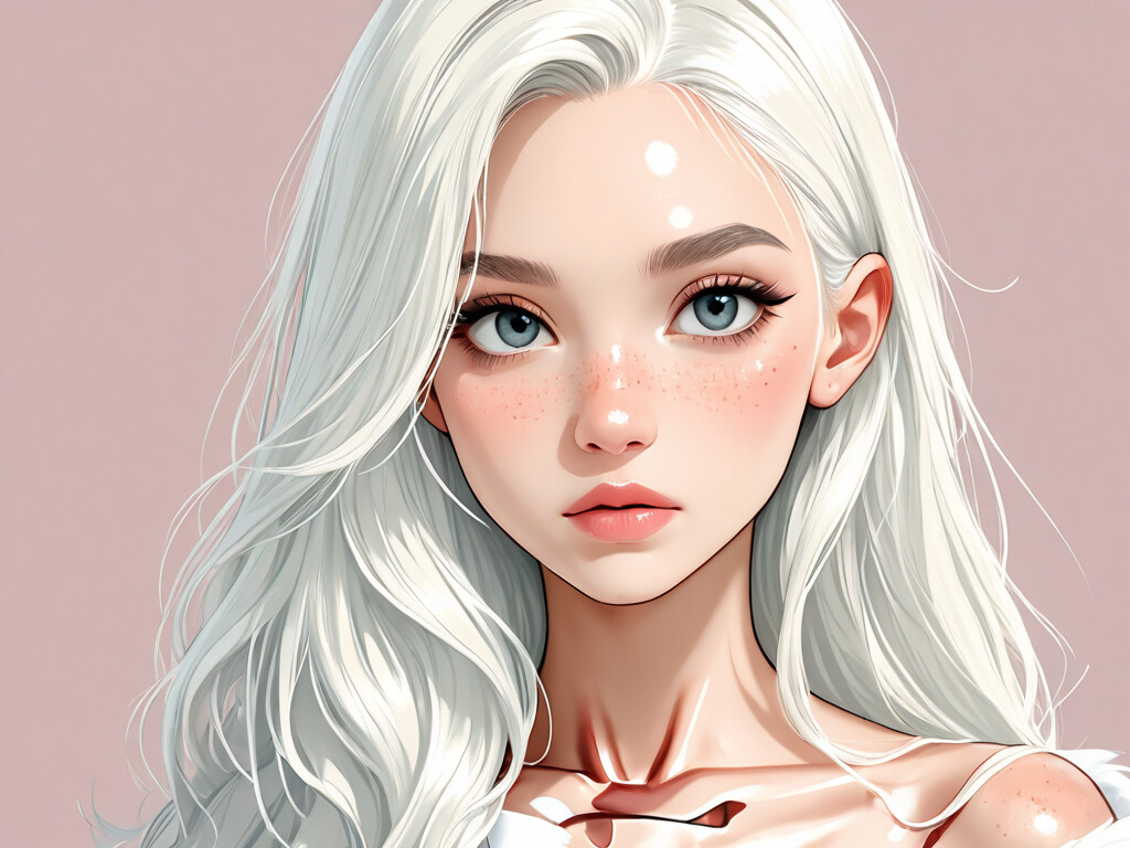 A digital illustration of a young woman with long white hair looking over her shoulder. She has freckles, large eyes, and three pink flowers tucked behind her ear. She wears a white ruffled top with blue straps.