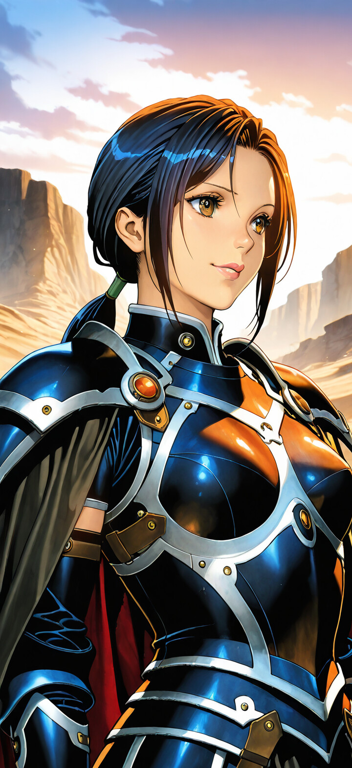 An anime-style illustration of a young woman with black hair in a ponytail, wearing ornate black and silver armor with red gems, smiling slightly against a backdrop of a sunny desert canyon.