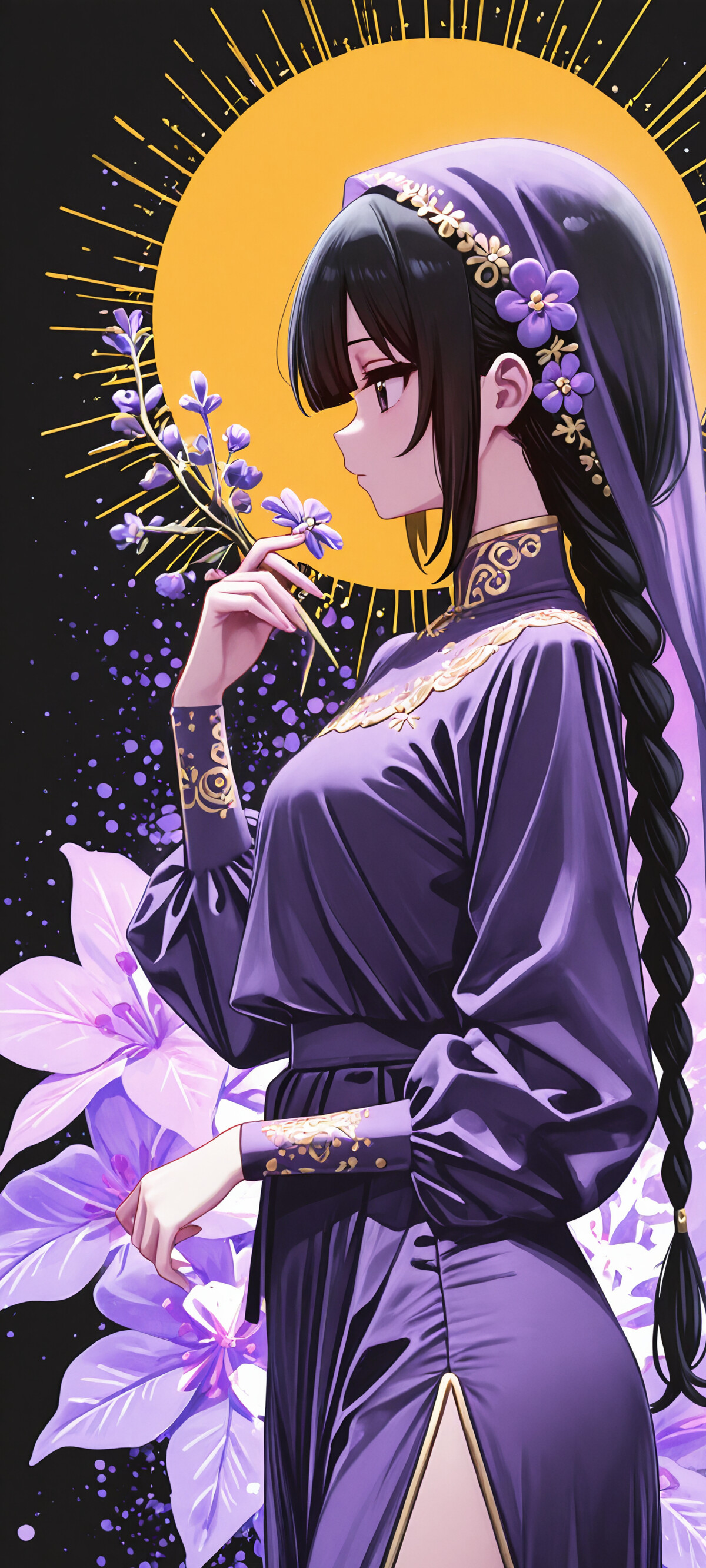 An anime girl with long black braided hair and a purple veil, wearing an elegant purple dress with gold embroidery, stands in side profile against a background with a large yellow moon.