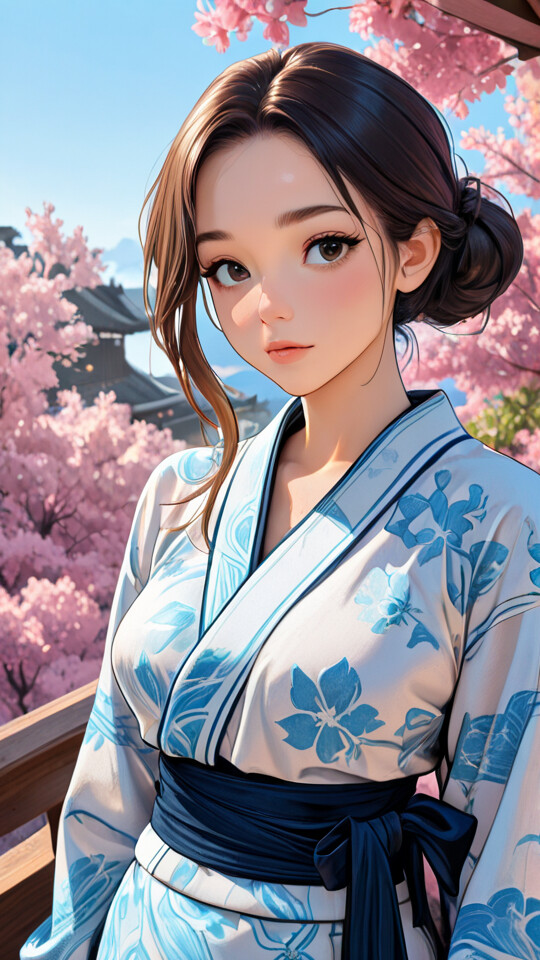 Headshot illustration of a young woman with long silver hair, large grey-blue eyes, and pink and blue flowers in her hair, wearing a white high-collared shirt.