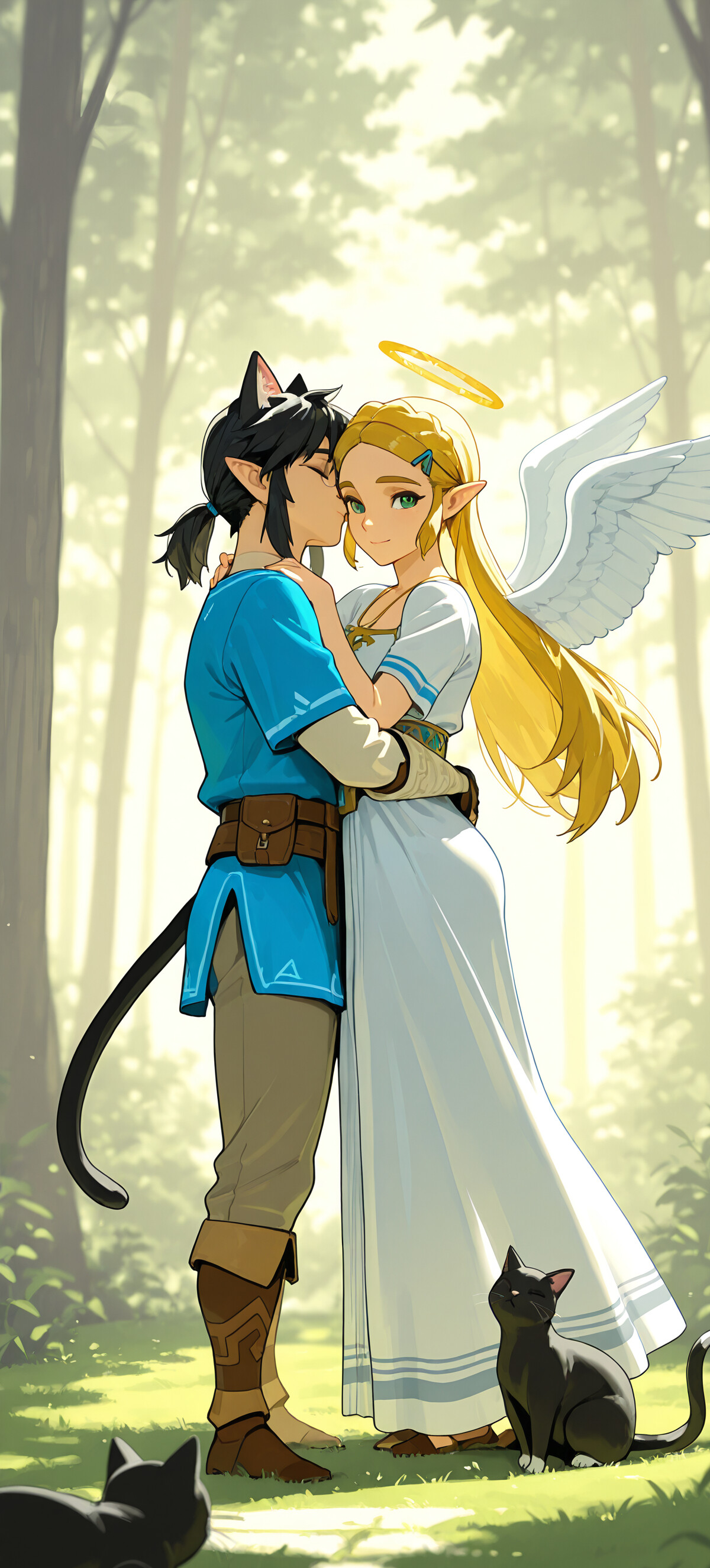 An anime-style illustration of Princess Zelda as an angelic elf girl with blonde hair, glasses, and a halo, sitting in a forest and lovingly hugging a black cat with small white wings.