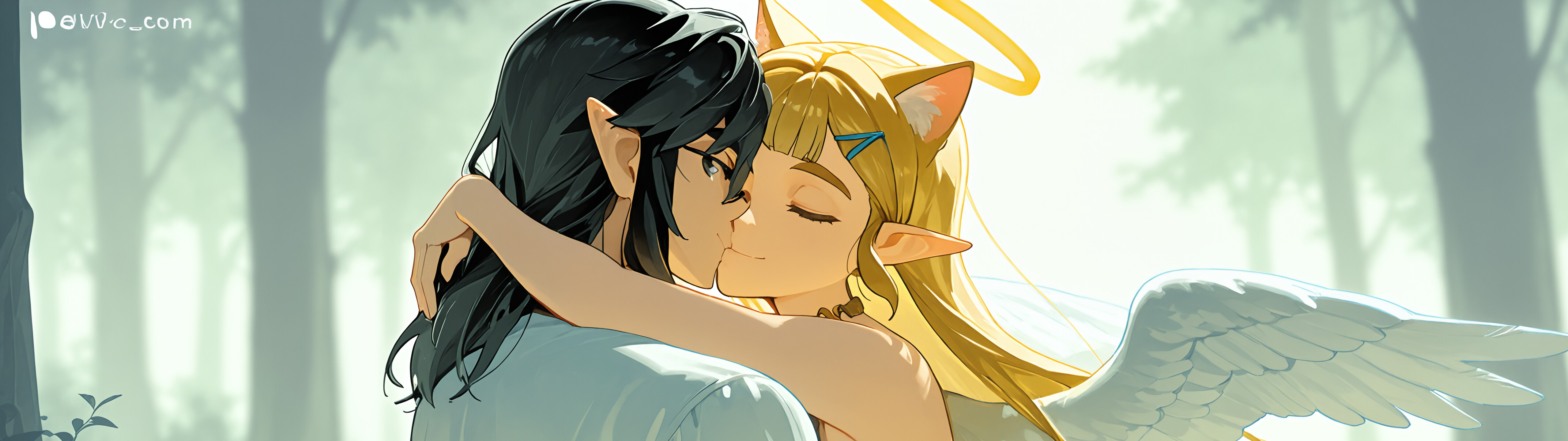 An anime-style illustration of Princess Zelda as an angelic elf girl with blonde hair, glasses, and a halo, sitting in a forest and lovingly hugging a black cat with small white wings.