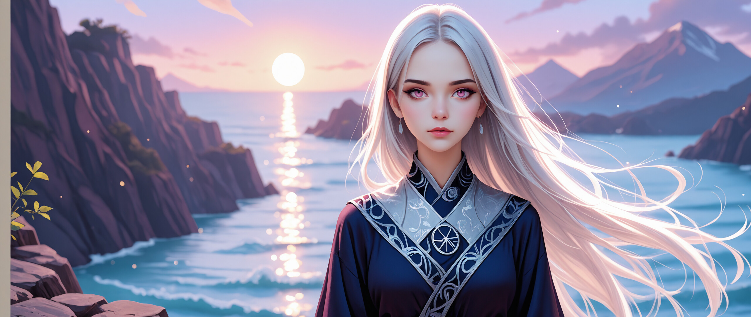 A half-body illustration of a young woman with long silver-white hair and pink eyes. She wears a dark blue and silver fantasy robe and stands on a rocky coast with cliffs and the ocean behind her during a colorful sunset.