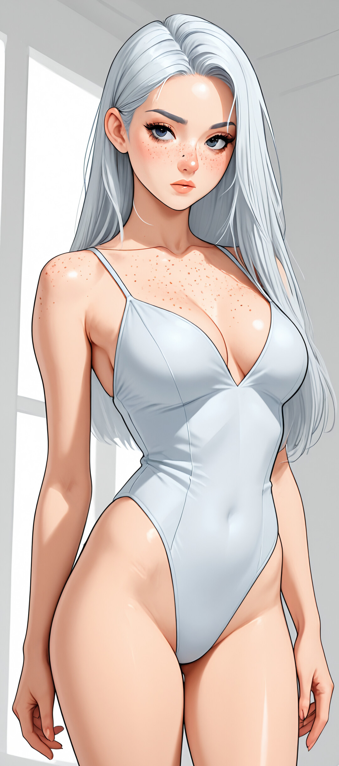 An illustration of a beautiful young woman with long wavy platinum blonde hair, brown eyes, and freckles, wearing a form-fitting white lace outfit against a plain background.