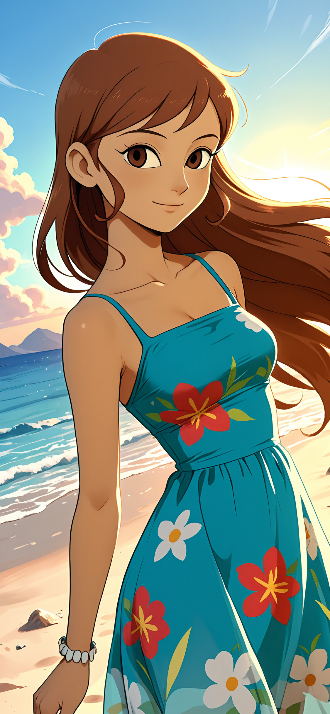 An anime-style girl with brown hair in a blue floral summer dress walking on a beach at sunset, with the ocean and a golden sky in the background.