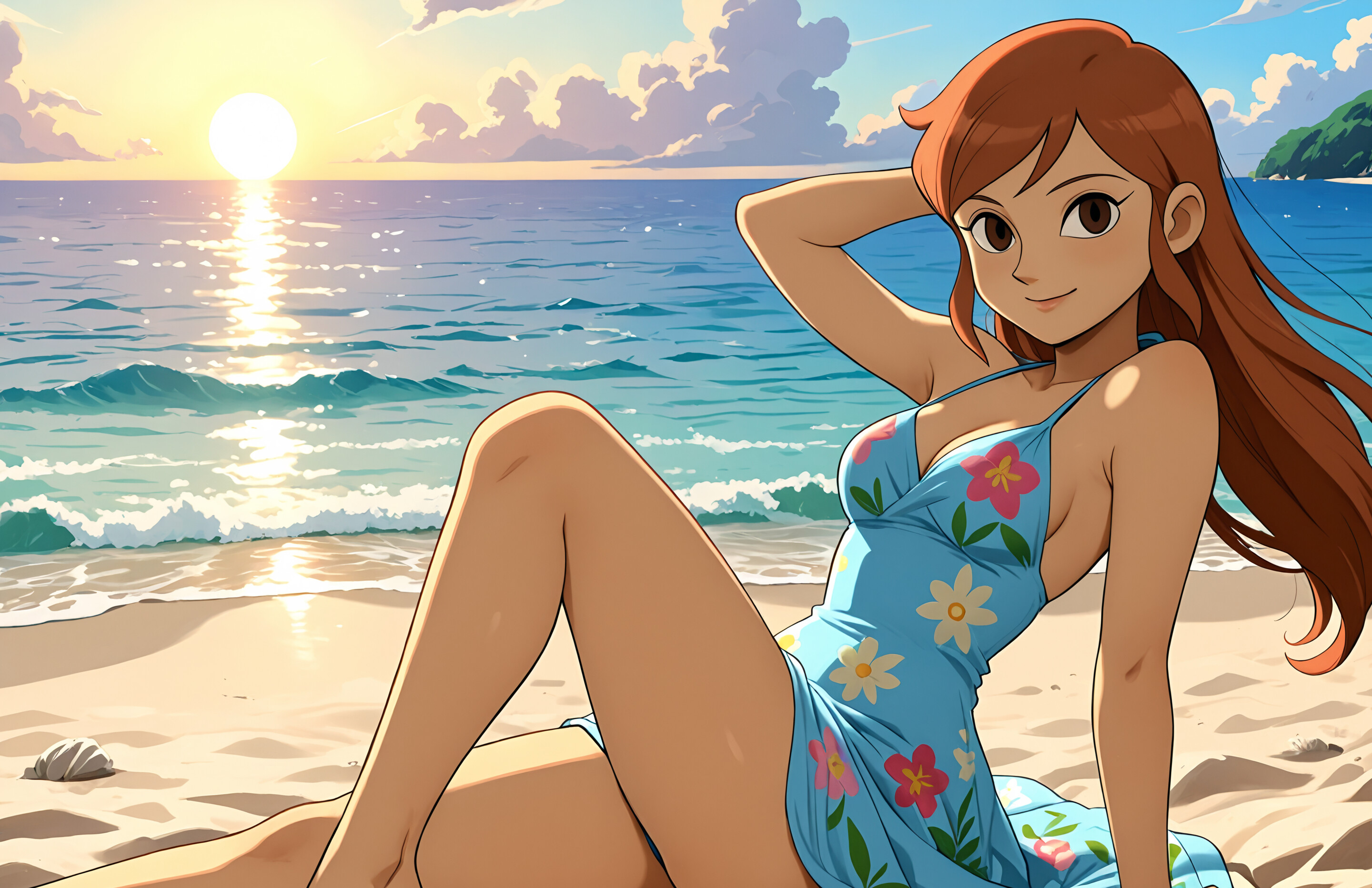An anime-style girl with brown hair in a blue floral summer dress walking on a beach at sunset, with the ocean and a golden sky in the background.