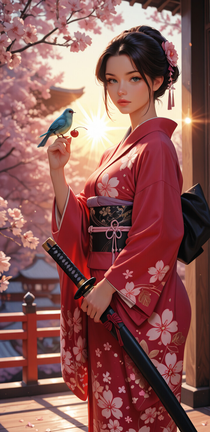 A beautiful woman with dark hair and a flower ornament stands in a Japanese garden filled with cherry blossoms. She is wearing a red floral kimono, holding a katana, and has a small blue bird perched on her hand.