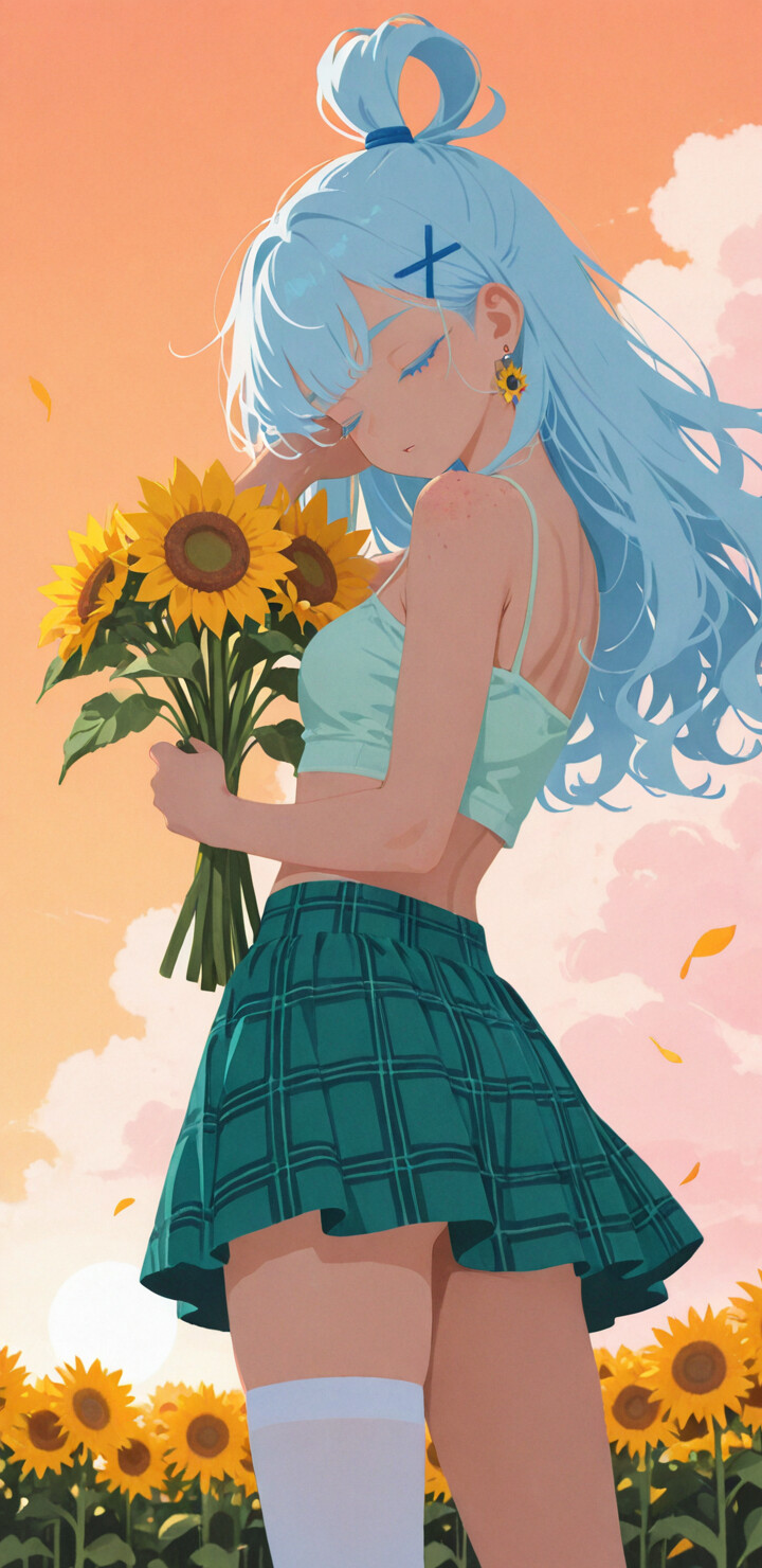 An anime-style illustration of a girl with light blue hair in a green crop top and plaid skirt, standing in a sunflower field at sunset. She holds a bouquet of sunflowers and has her hand on her head with her eyes closed.