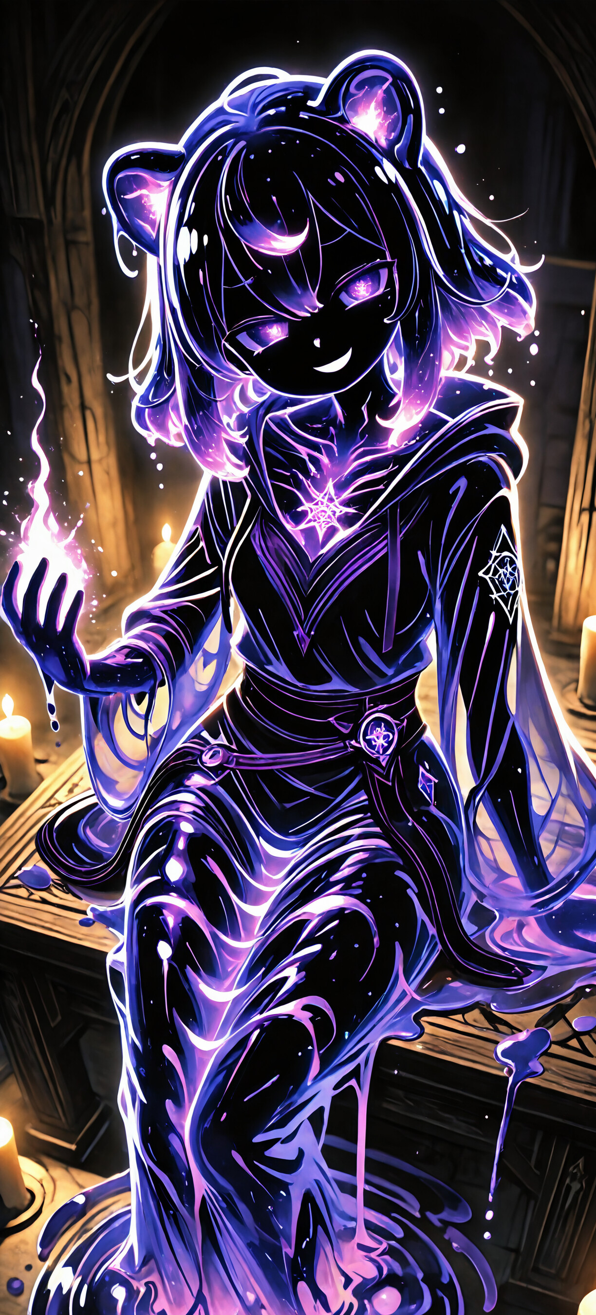 An anime-style girl with cat ears made of glowing purple slime sits in a puddle of the same substance inside a dark, candlelit room. She has a mischievous grin and is holding a ball of purple magic.