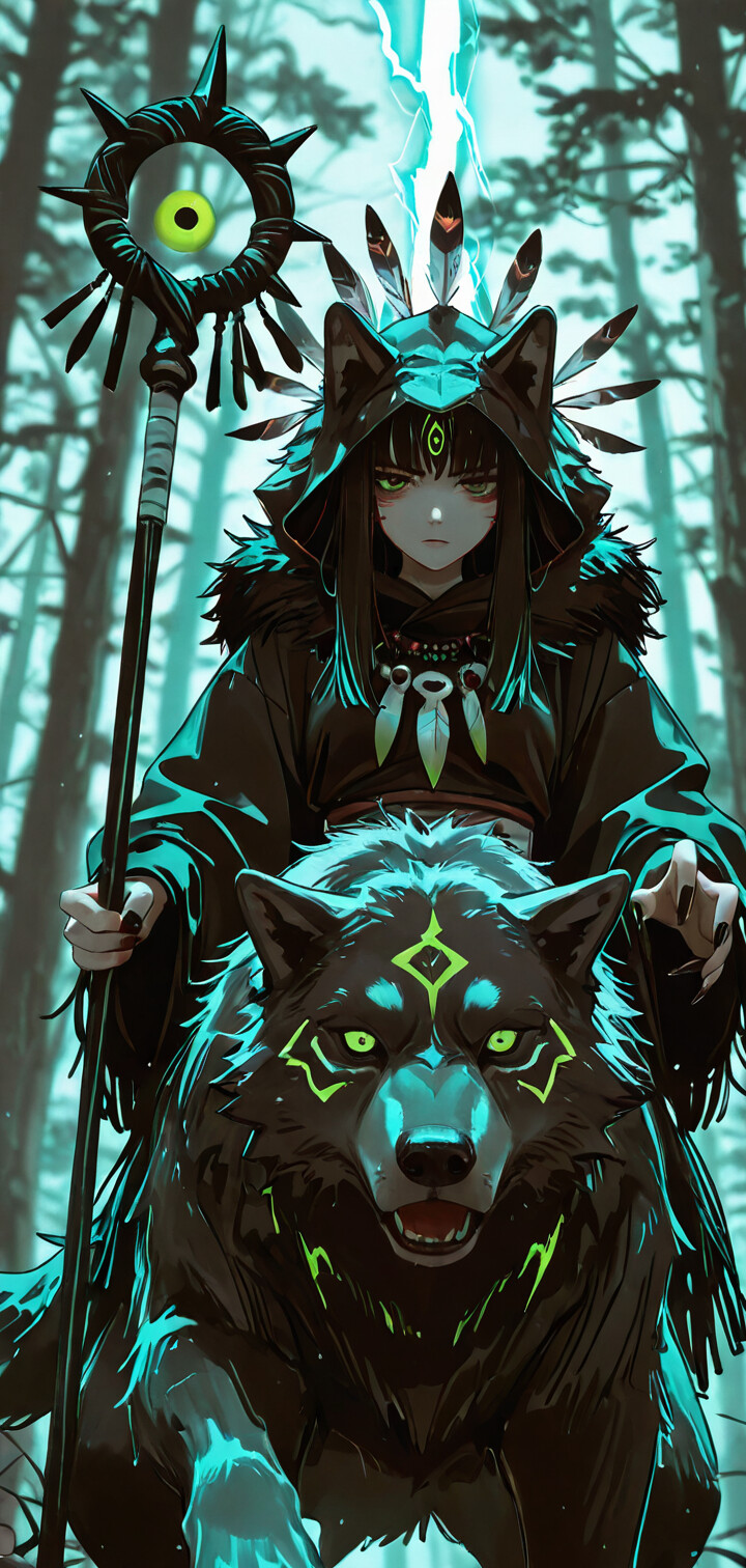 An anime-style illustration of a young female shaman with dark hair and glowing green eyes, wearing a hooded, feathered cloak. She holds a glowing staff and stands with a large, dark wolf, also with glowing green eyes, in a dark forest with lightning in the background.