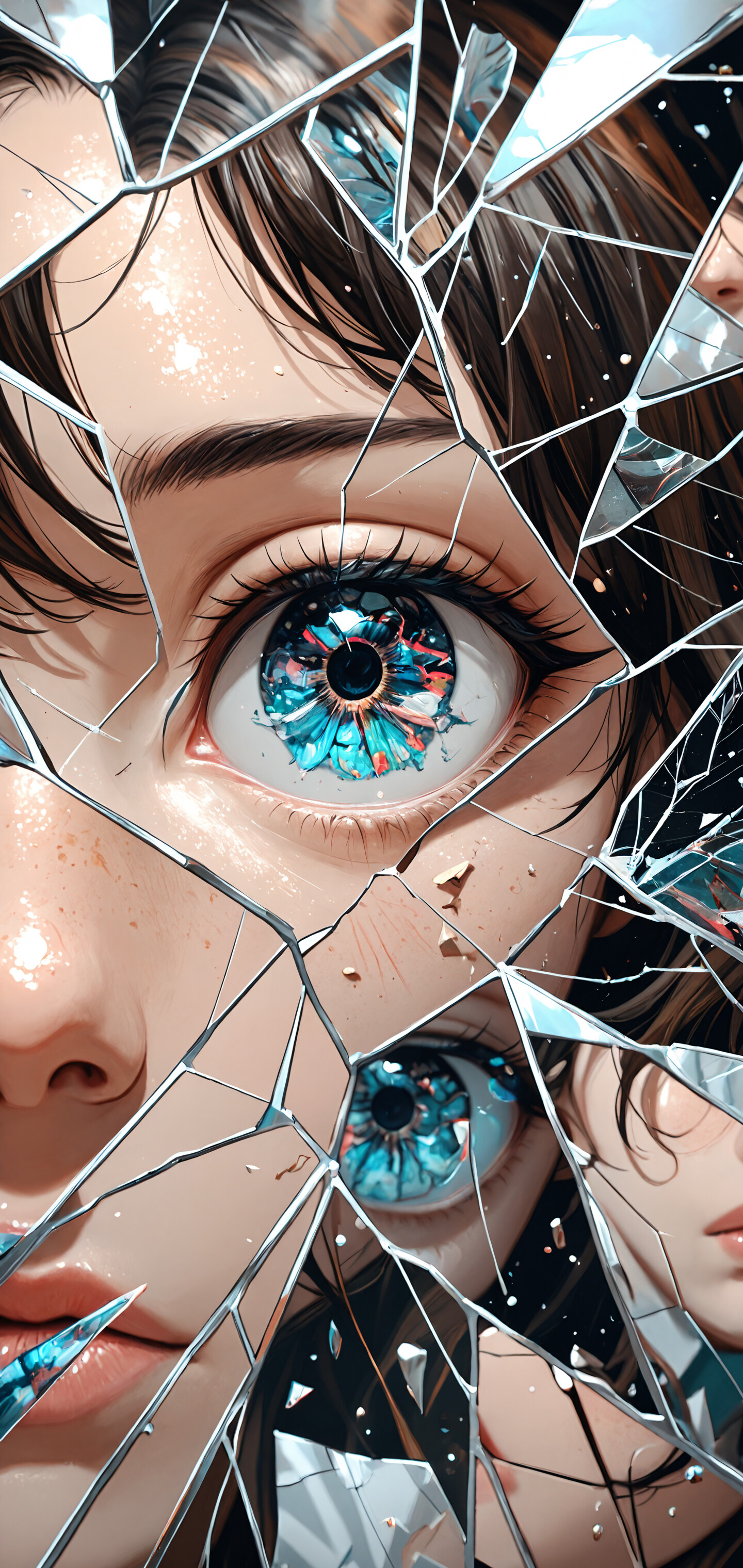 A close-up illustration in an anime style of a person's eye with a detailed turquoise and copper floral iris, viewed through the sharp cracks of a shattered mirror.