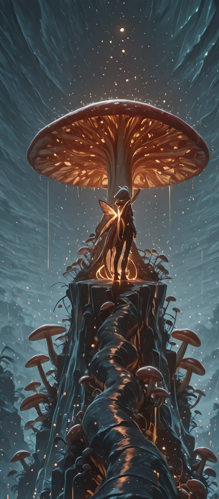 A full-body view of a white-haired fairy in a dark futuristic suit standing under the glowing gills of a massive red mushroom. It is raining, and smaller red and white mushrooms grow on the dark, wet ground around her.