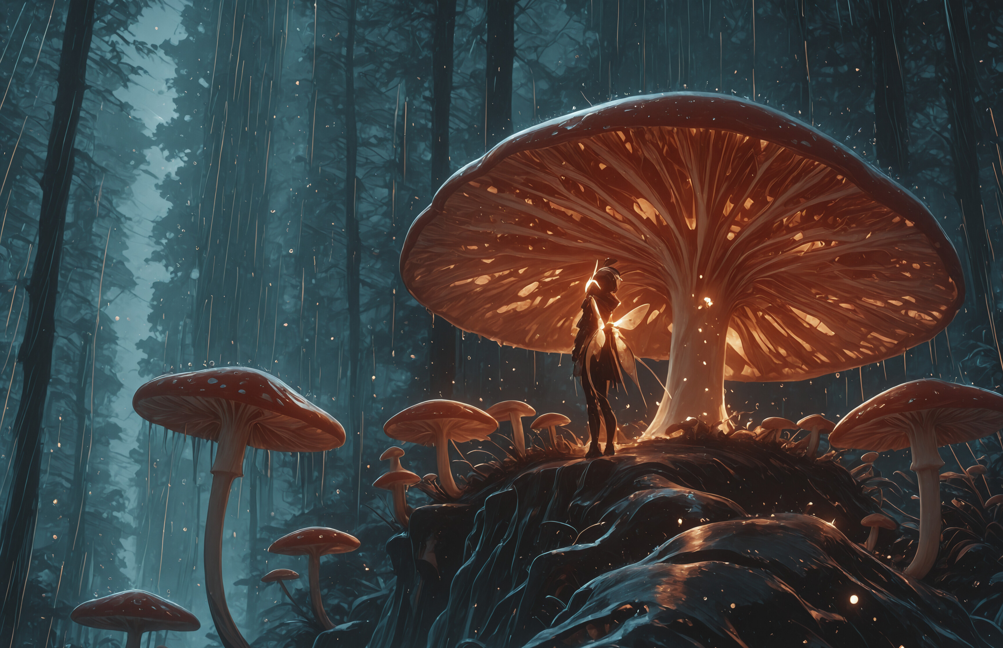 A full-body view of a white-haired fairy in a dark futuristic suit standing under the glowing gills of a massive red mushroom. It is raining, and smaller red and white mushrooms grow on the dark, wet ground around her.
