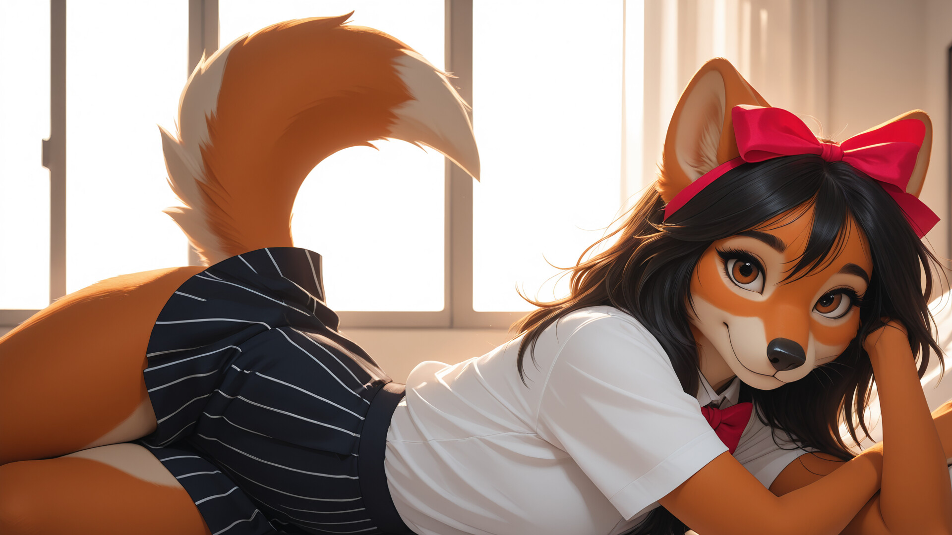 An anthropomorphic female fox with black hair and a red bow on her head, wearing a red pinafore dress over a white blouse, standing by a window.