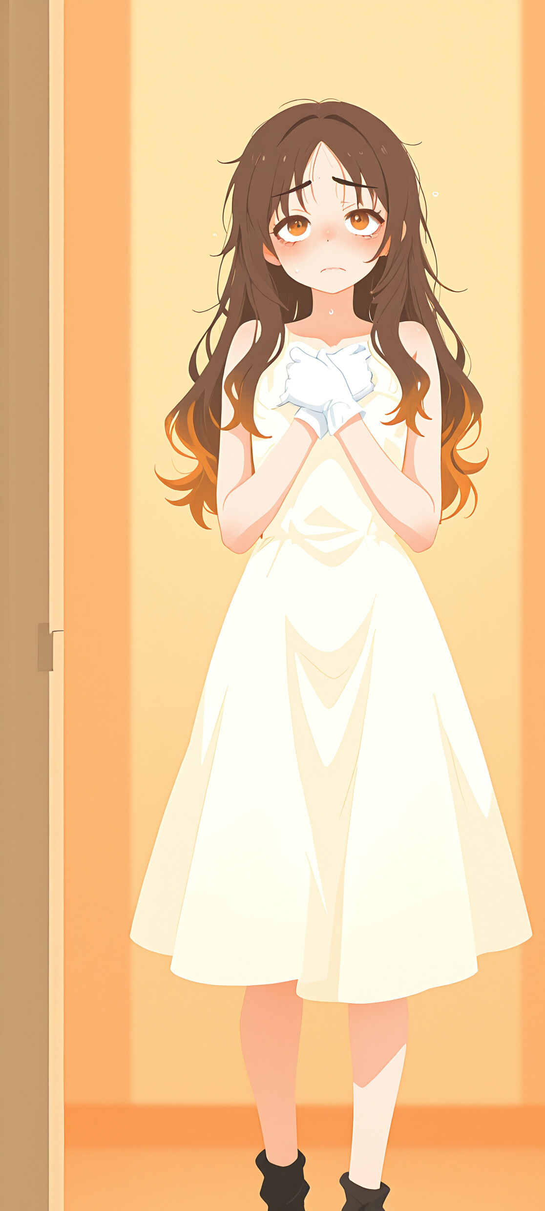 A young anime girl with long brown hair and orange eyes, wearing a white nightgown, stands in a doorway against a sunset cityscape with a shy and sad expression.