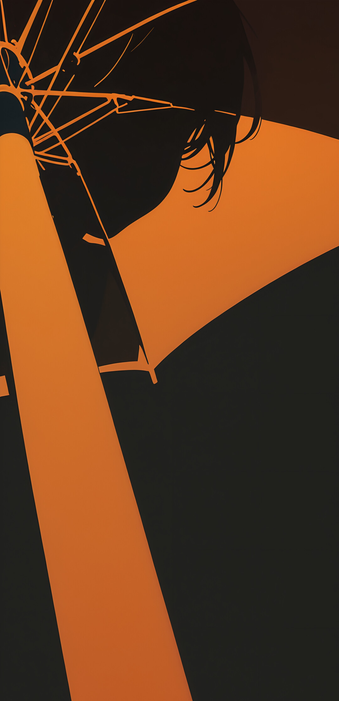 A minimalist illustration of a person in black silhouette with short, shaggy hair, seen in profile while holding a bright orange umbrella. The background is a dark gradient.