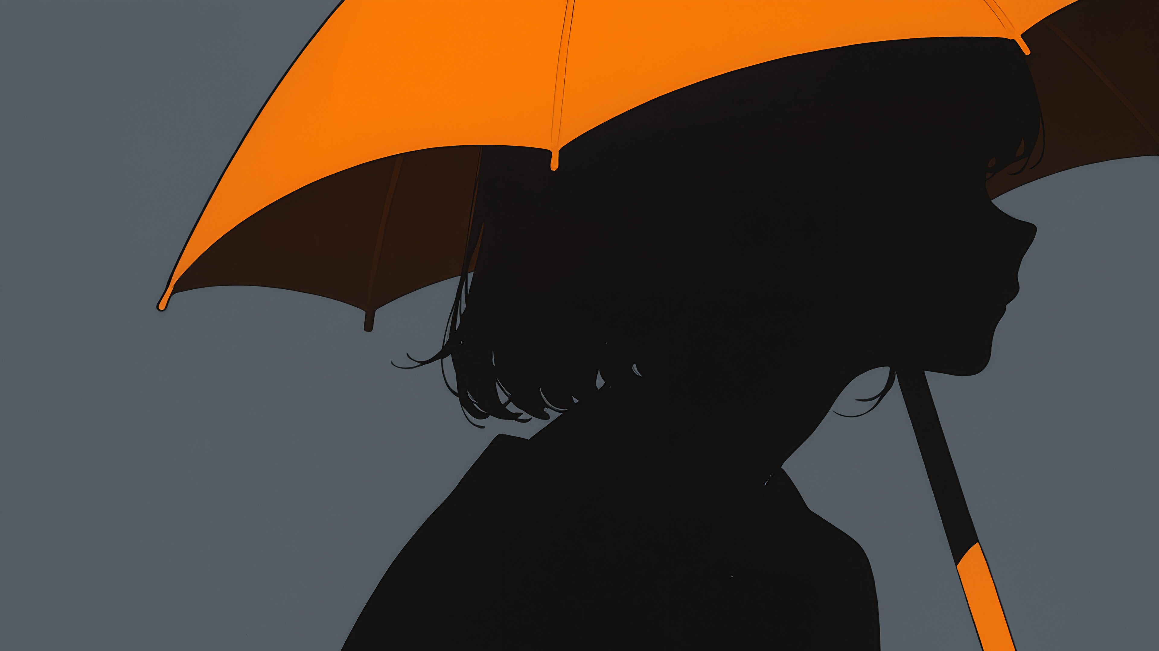 A minimalist illustration of a person in black silhouette with short, shaggy hair, seen in profile while holding a bright orange umbrella. The background is a dark gradient.