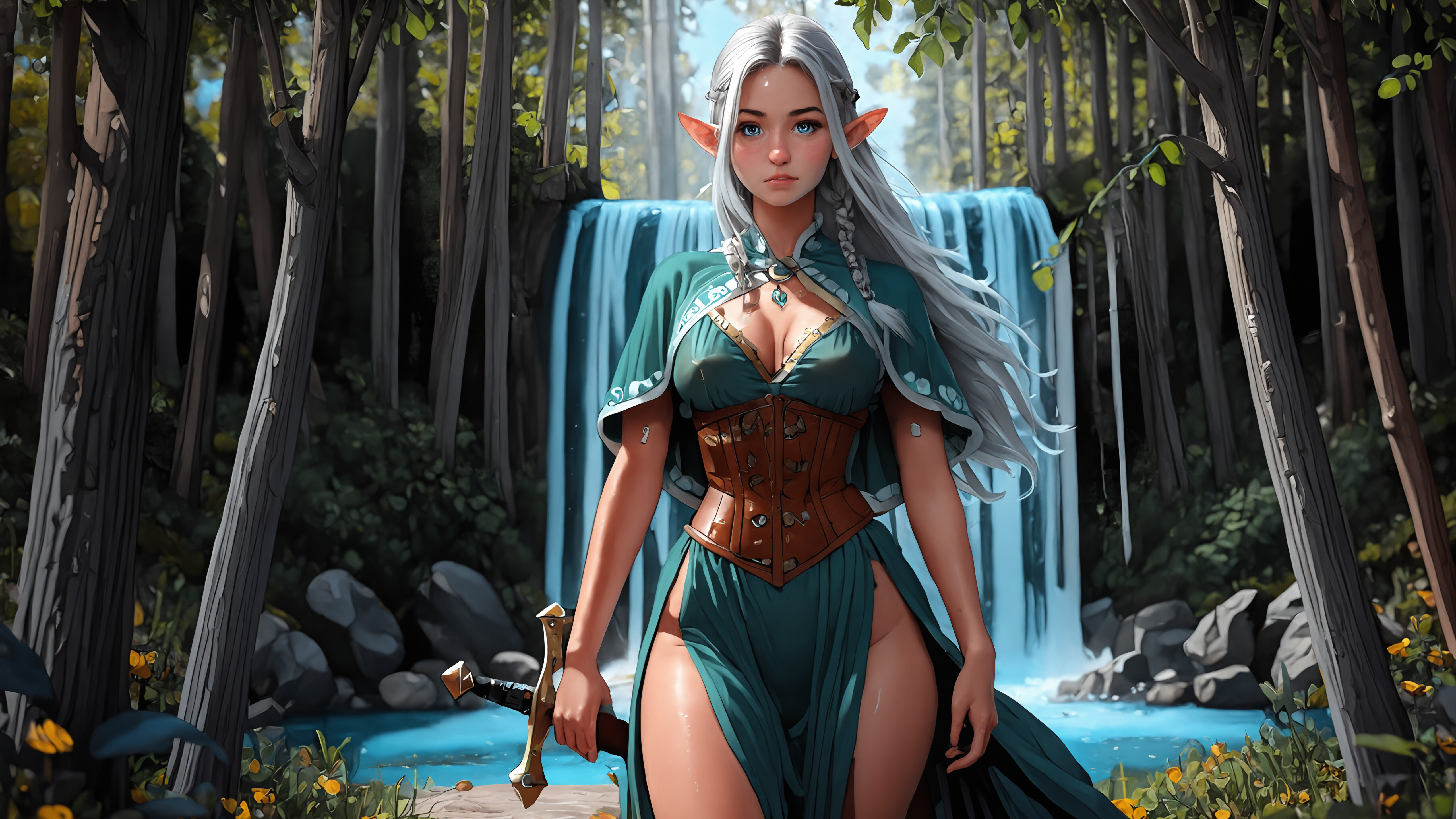 A full-body illustration of a female elf with long silver-blue hair and pointed ears. She stands in a forest in front of a waterfall, wearing a green dress and a brown corset, holding a short sword with a glowing blue blade.