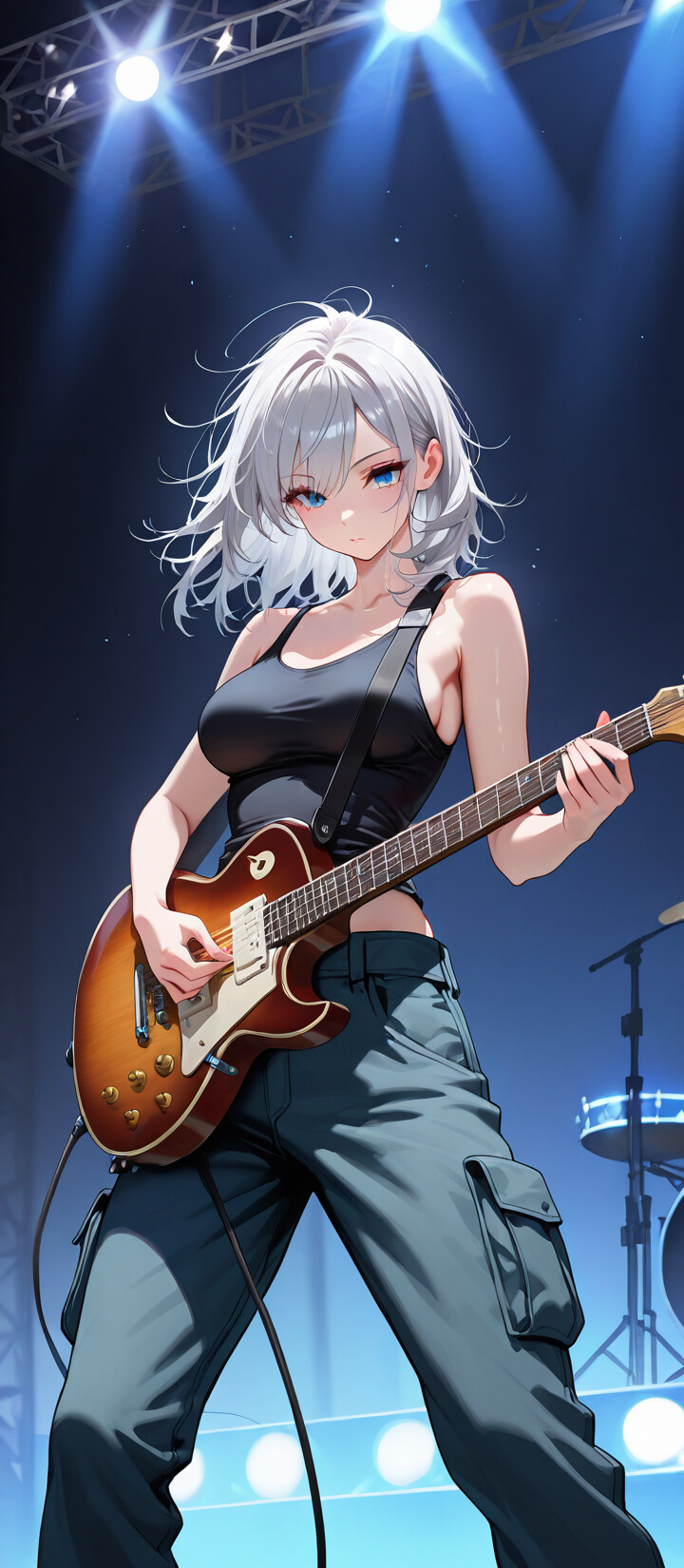 An anime girl with medium-length silver hair and blue eyes playing a black electric guitar on a brightly lit concert stage.